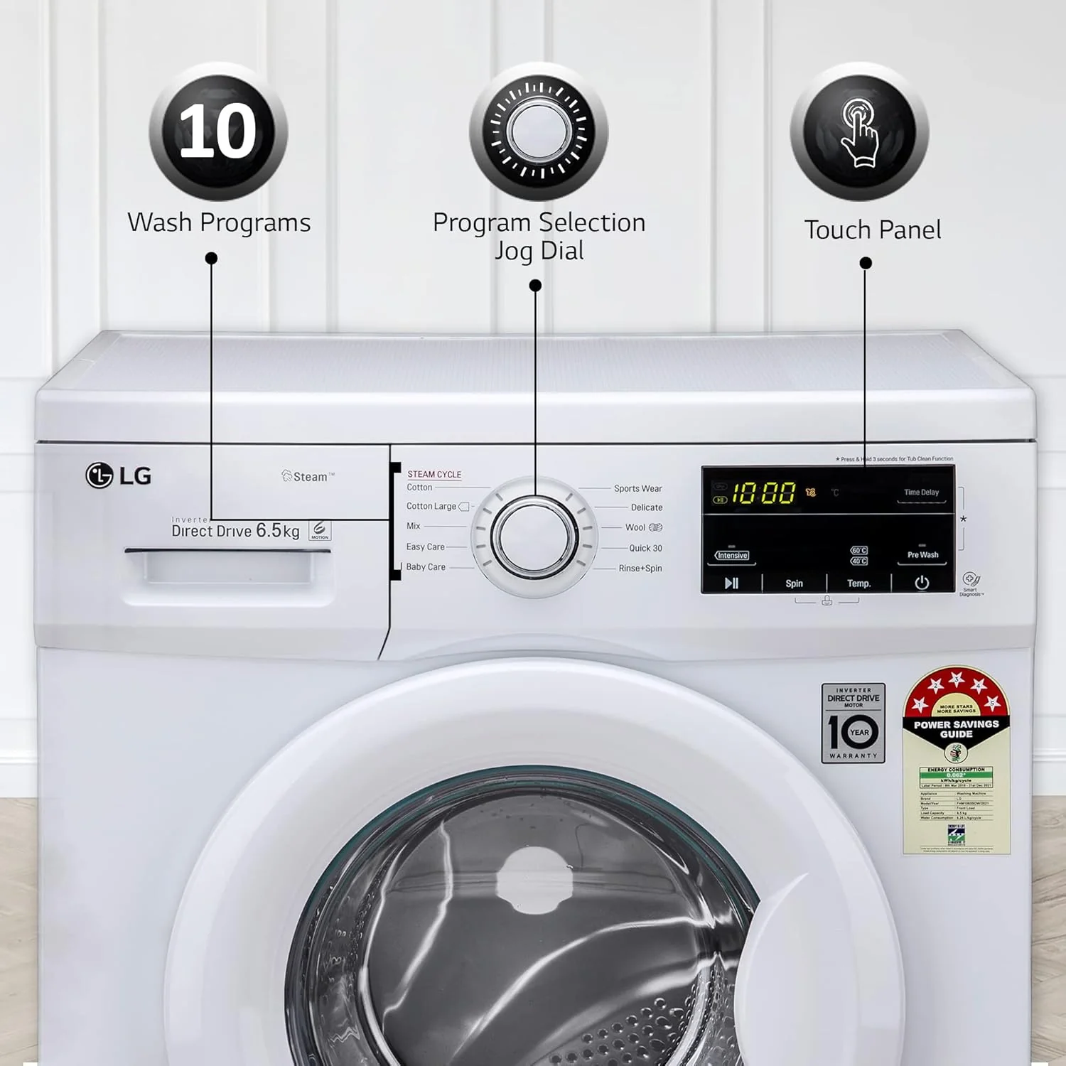 LG 6.5 Kg, 5 Star, Direct Drive Technology, Steam Wash, 6 motion DD, Smart Diagnosis, Fully Automatic Front Load Washing Machine (FHM1065SDW, Allergy Care, In-Built Heater, Touch Panel, White) - Image 3
