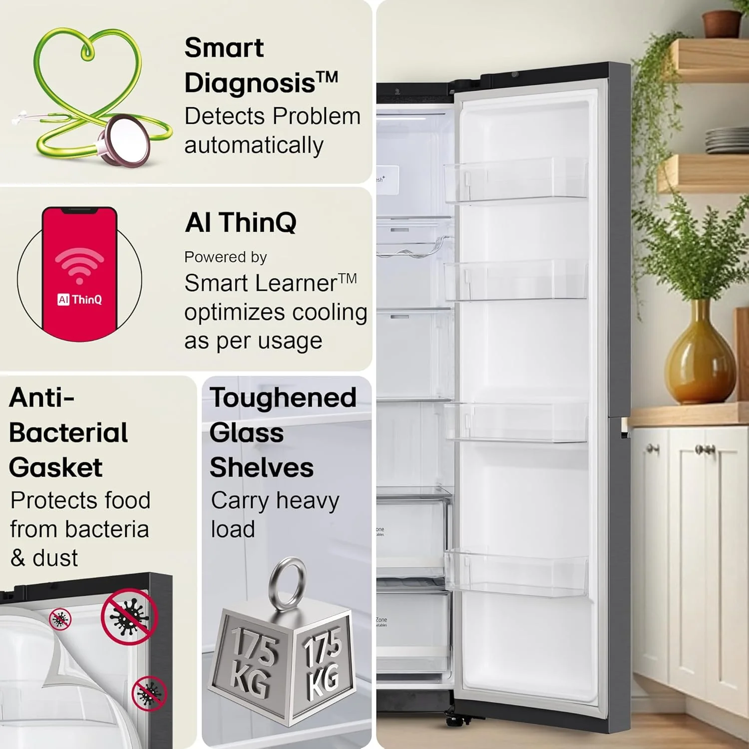 LG 630 L, 3 Star, Frost-Free, Double Door, Door Cooling+, Hygiene Fresh+, Smart Inverter, Wi-Fi Convertible Side By Side Refrigerator with AI ThinQ (GL-L257CMC3, Matt Black, Ice &amp; Water Dispenser) - Image 17