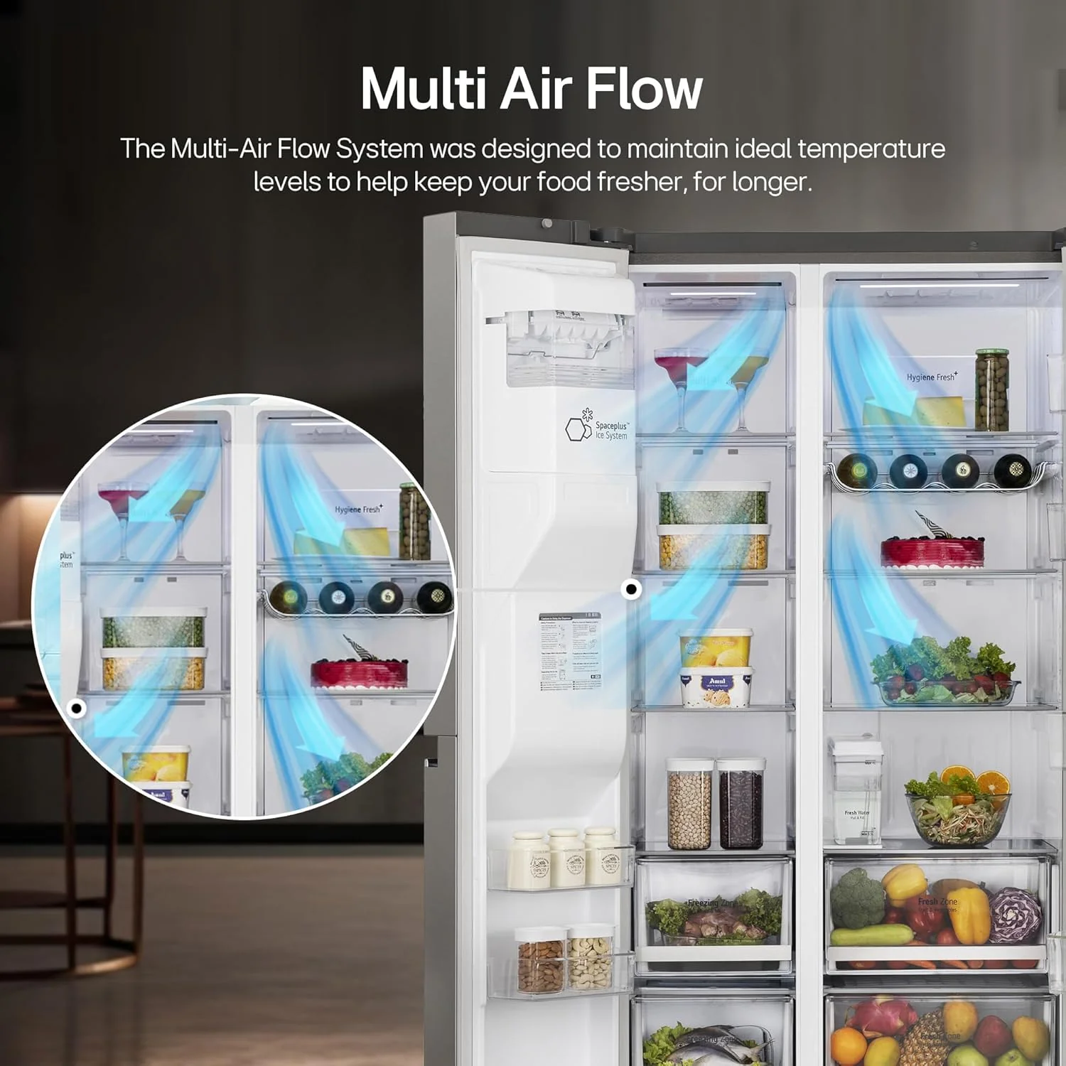 LG 630 L 3 Star Frost Free Smart Inverter Wi-Fi Double Door Side by Side Refrigerator (GL-L257CPZ3, Shiny Steel, Convertible, Door Cooling, Multi Air Flow | With Water &amp; Ice Dispenser) - Image 11