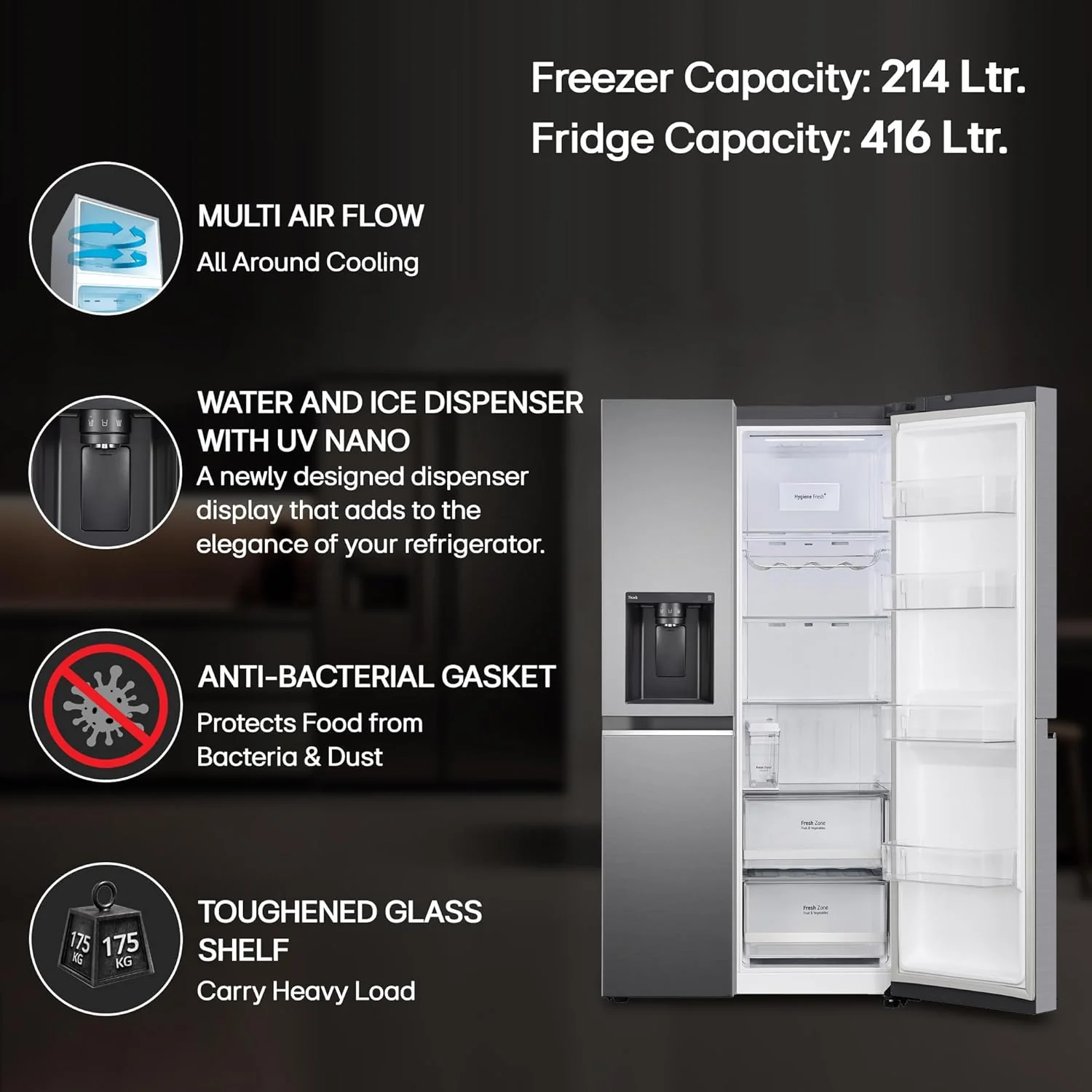 LG 630 L 3 Star Frost Free Smart Inverter Wi-Fi Double Door Side by Side Refrigerator (GL-L257CPZ3, Shiny Steel, Convertible, Door Cooling, Multi Air Flow | With Water &amp; Ice Dispenser) - Image 18