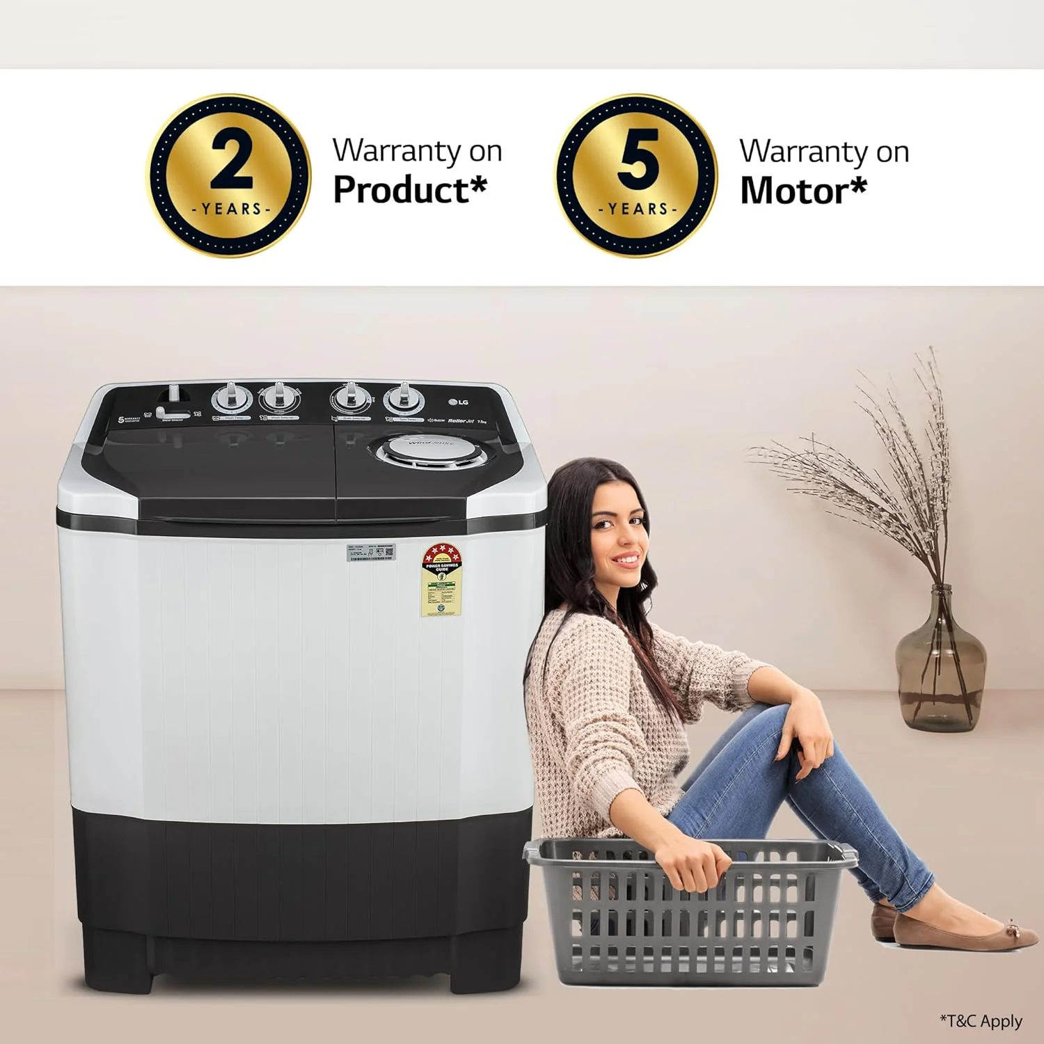 LG 7.5 kg 5 Star Wind jet dry Semi-Automatic Top Load Washing Machine (P7510RGAZ, Dark Gray, Roller Jet Pulsator) - Image 8