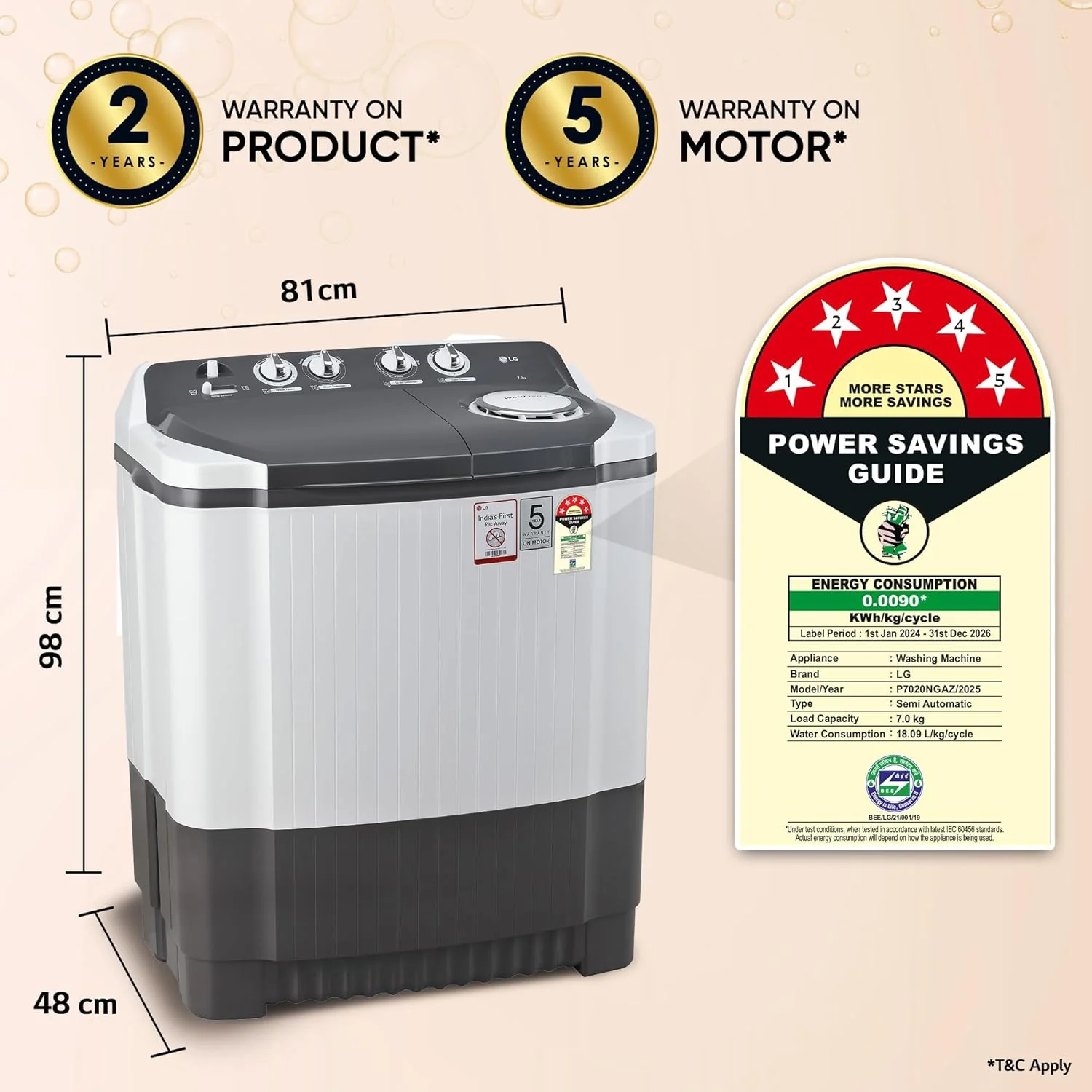 LG 7 Kg 5 Star Wind Jet Dry Semi-Automatic Top Loading Washing Machine (P7020NGAZ, Dark Gray, Rat Away Feature) - Image 2