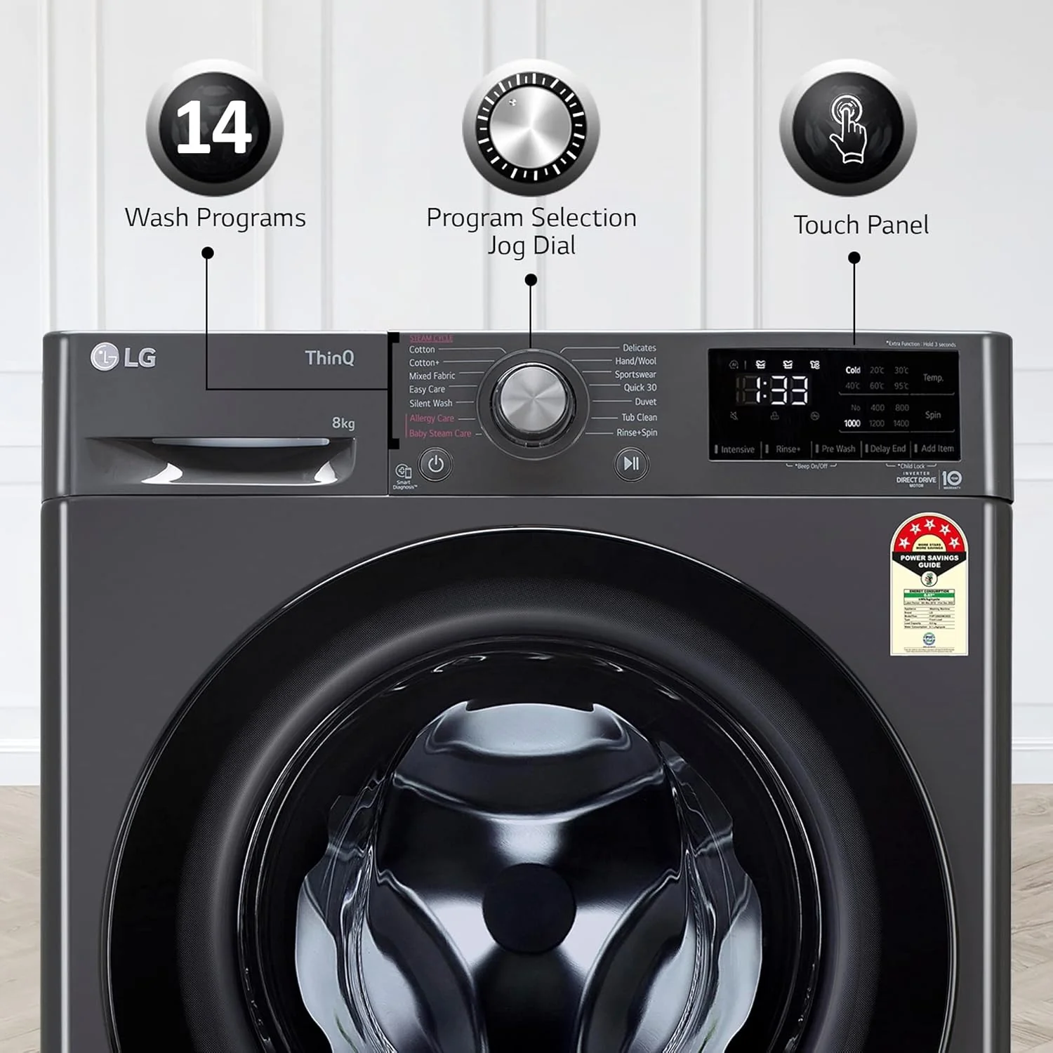 LG 8 Kg 5 Star Inverter Wi-Fi Fully-Automatic Front Loading Washing Machine with Inbuilt heater (FHP1208Z5M, Middle Black, AI DD Technology &amp; Steam for Hygiene) - Image 12