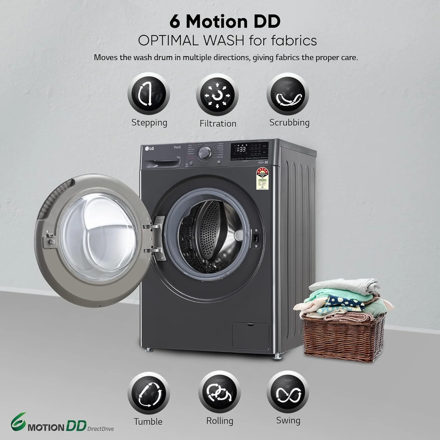 LG 8 Kg 5 Star Inverter Wi-Fi Fully-Automatic Front Loading Washing Machine with Inbuilt heater (FHP1208Z5M, Middle Black, AI DD Technology &amp; Steam for Hygiene) - Image 13
