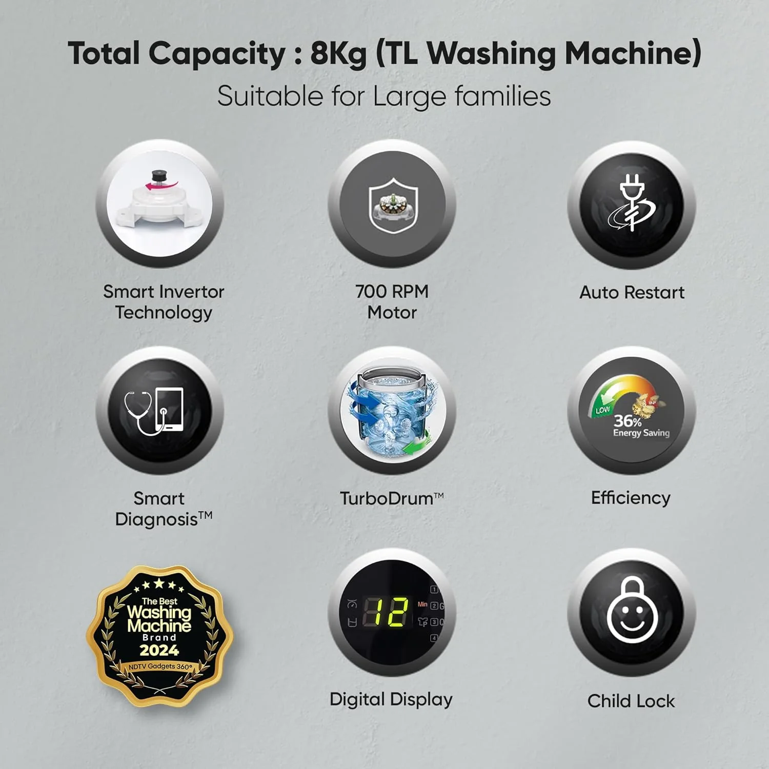 LG 8 Kg 5 Star Smart Inverter Technology TurboDrum Fully Automatic Top Loading Washing Machine (T80SKSF1Z, Smart Diagnosis, Digital Display, Middle Free Silver) - Image 3