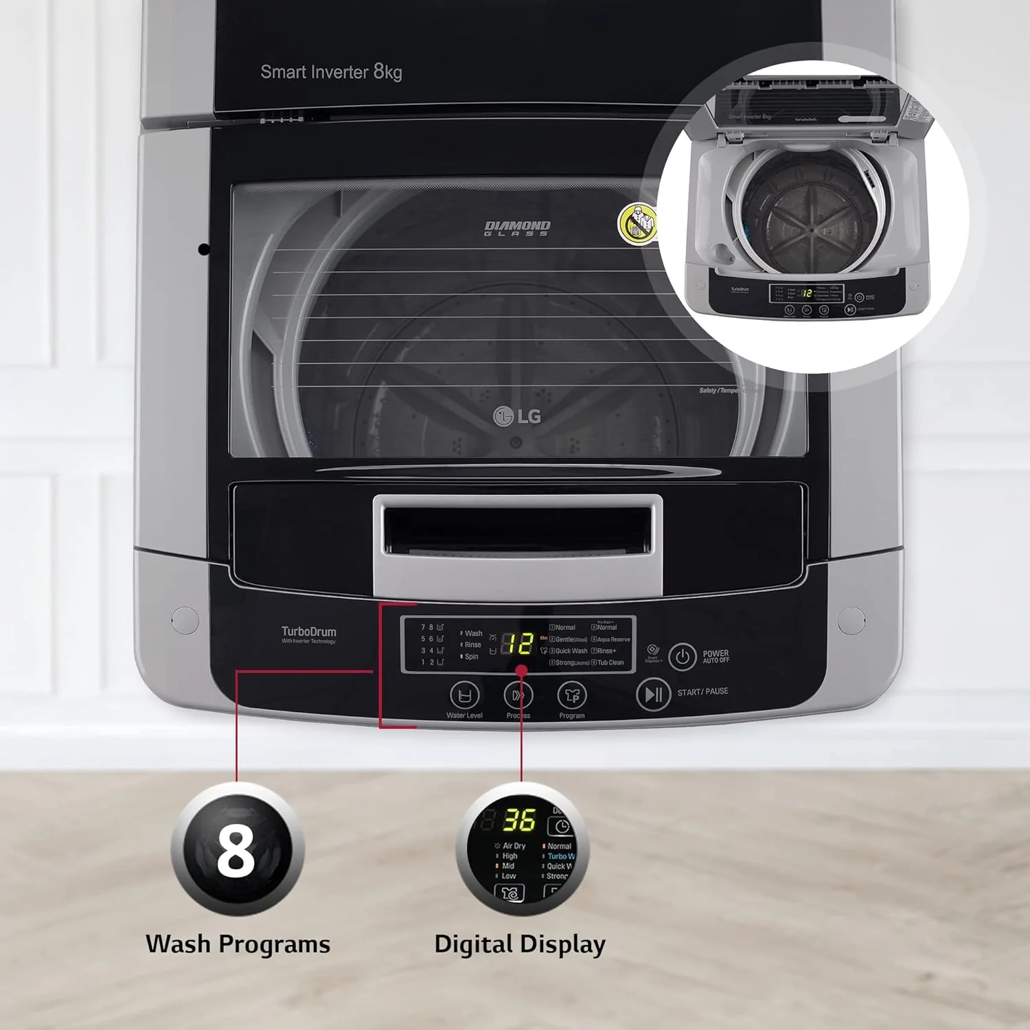 LG 8 Kg 5 Star Smart Inverter Technology TurboDrum Fully Automatic Top Loading Washing Machine (T80SKSF1Z, Smart Diagnosis, Digital Display, Middle Free Silver) - Image 4