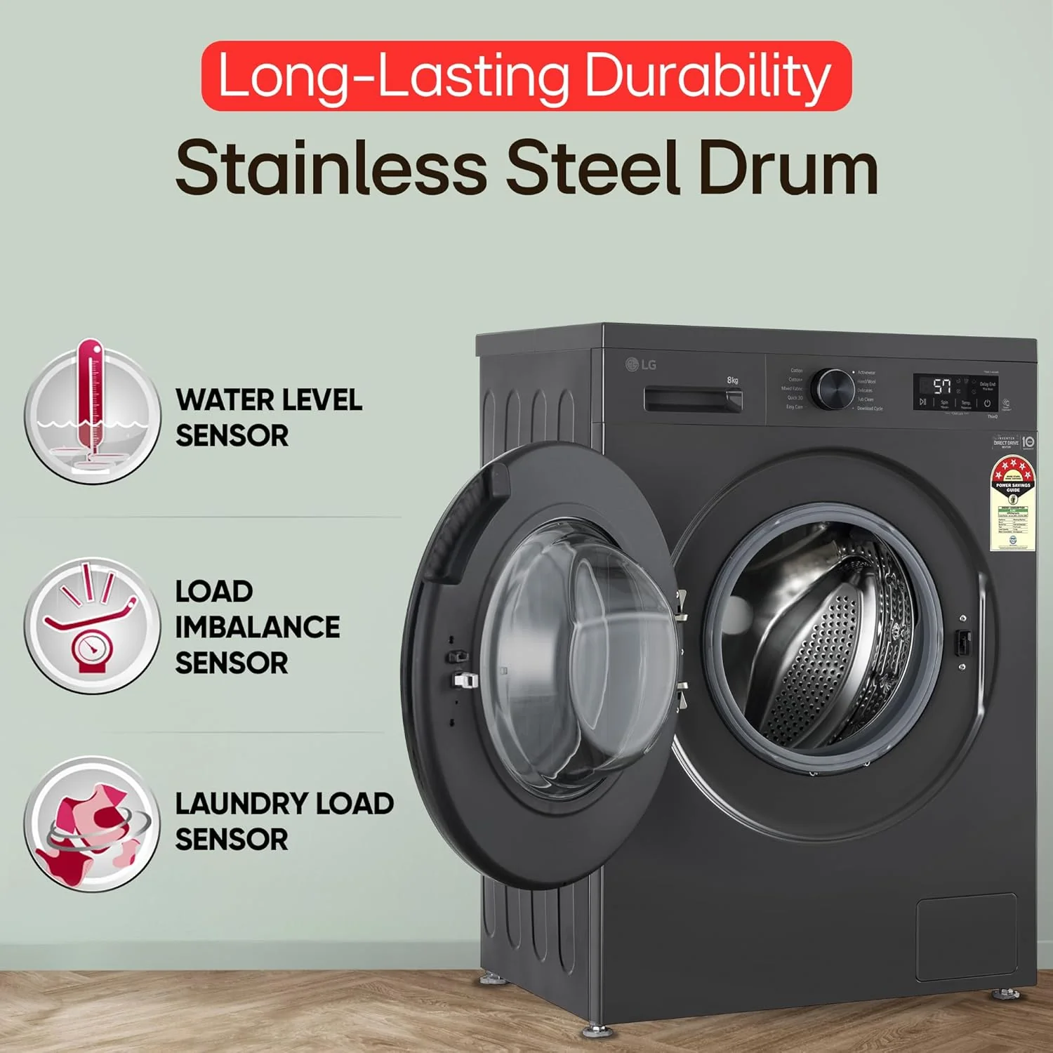 LG 8 Kg, 5 Star, Wi-Fi, Direct Drive Technology, Steam Wash, 6 Motion DD, Fully-Automatic Front Load Washing Machine (FHB1208Z4M, Allergy Care, In-Built Heater, Touch Panel, Middle Black) - Image 4