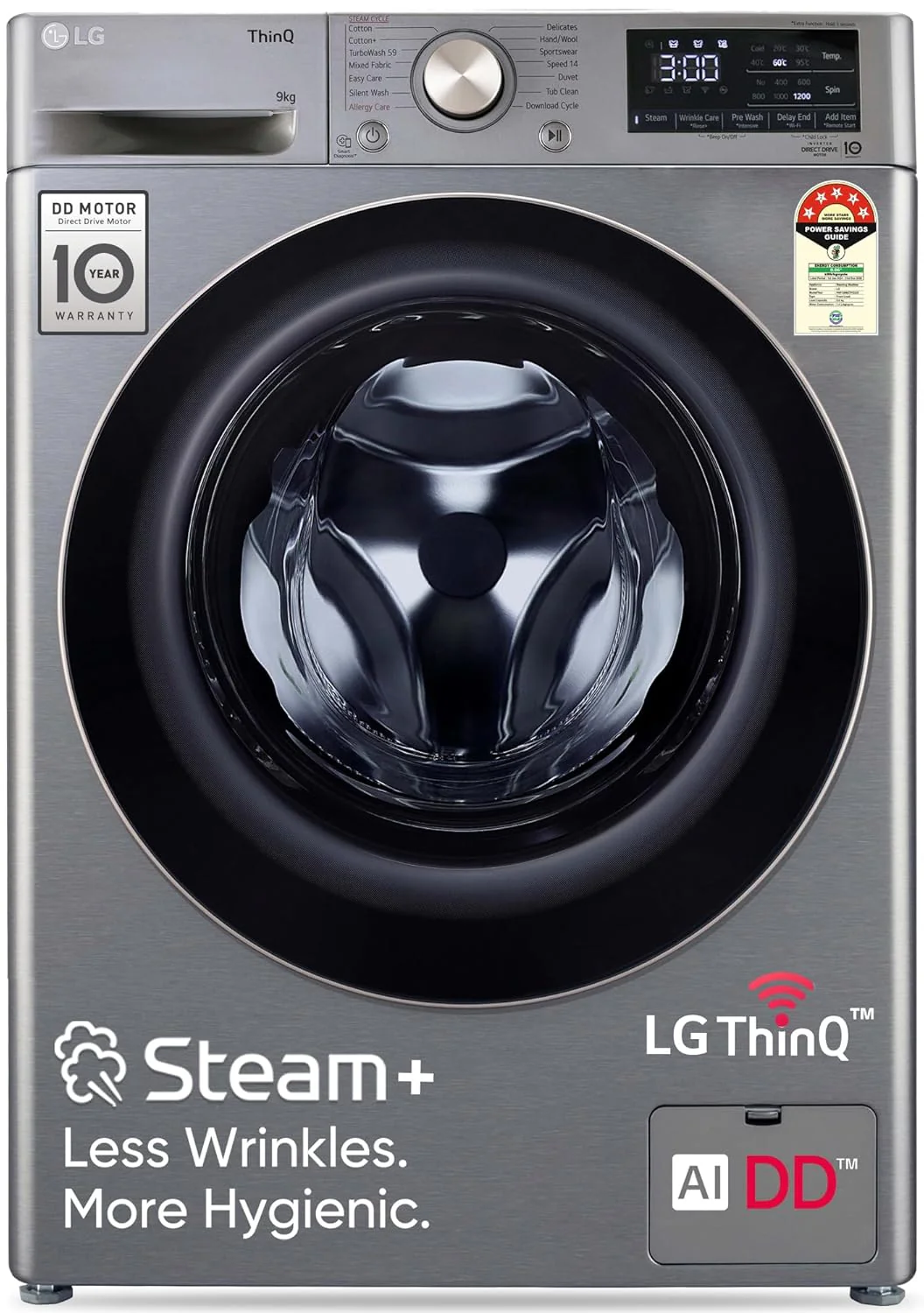 LG 9 Kg, 5 Star, AI Direct Drive Technology, Wi-Fi, Steam+ with Wrinkle Care, Fully Automatic Front-Loading Washing Machine (FHP1209Z7P, Intelligent &amp; Convenient Fabric Care, Allergy Care, Platinum)