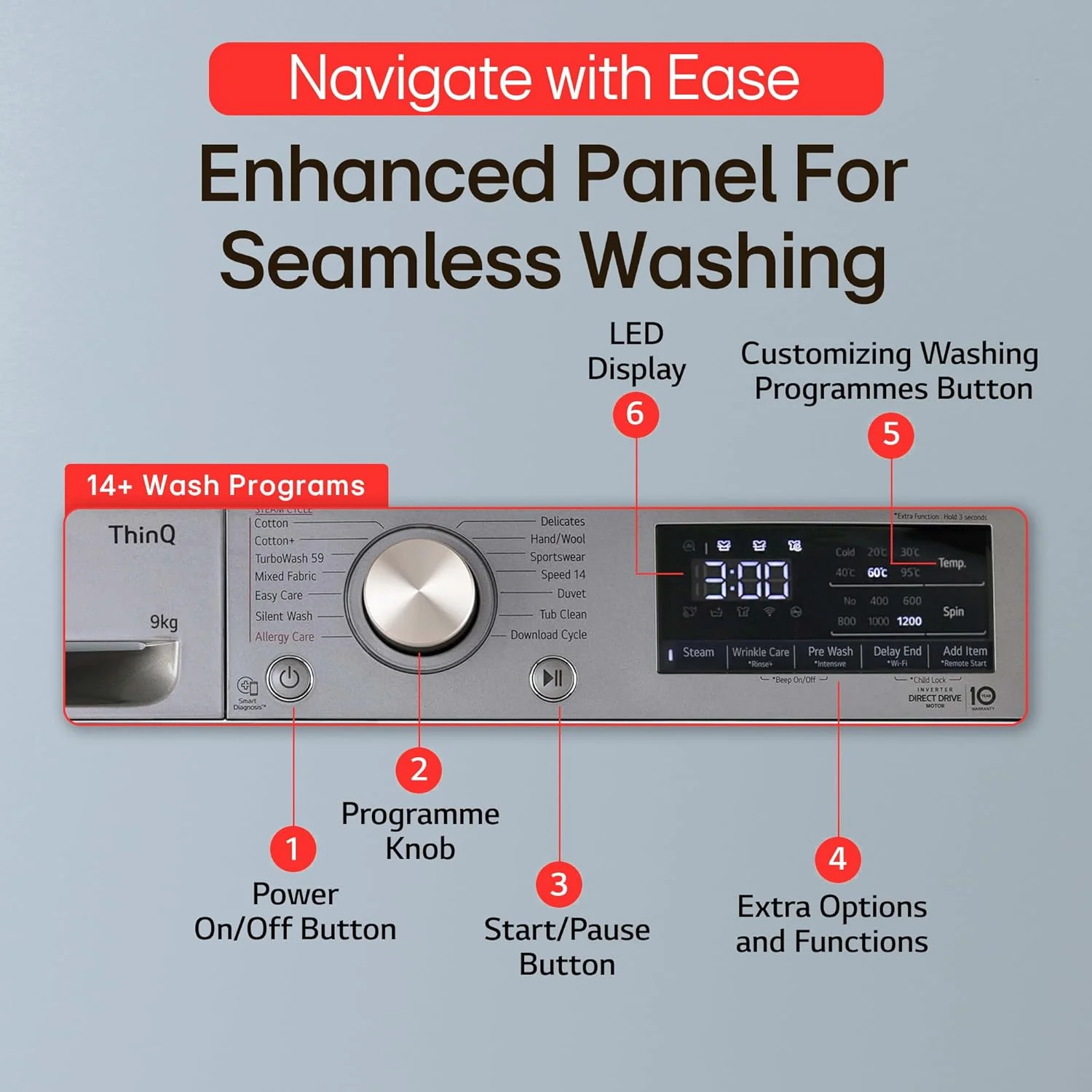 LG 9 Kg, 5 Star, AI Direct Drive Technology, Wi-Fi, Steam+ with Wrinkle Care, Fully Automatic Front-Loading Washing Machine (FHP1209Z7P, Intelligent &amp; Convenient Fabric Care, Allergy Care, Platinum) - Image 13