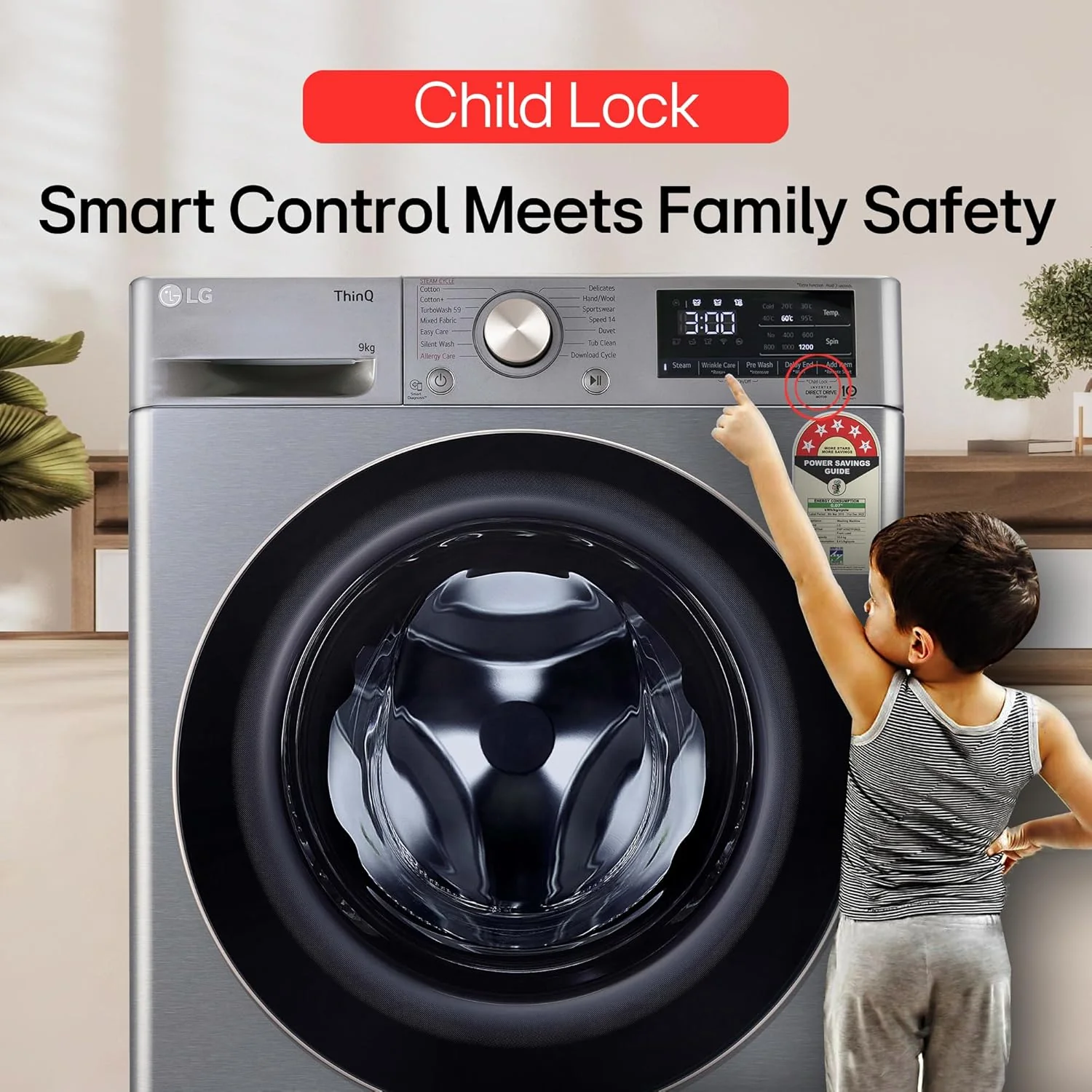 LG 9 Kg, 5 Star, AI Direct Drive Technology, Wi-Fi, Steam+ with Wrinkle Care, Fully Automatic Front-Loading Washing Machine (FHP1209Z7P, Intelligent &amp; Convenient Fabric Care, Allergy Care, Platinum) - Image 3