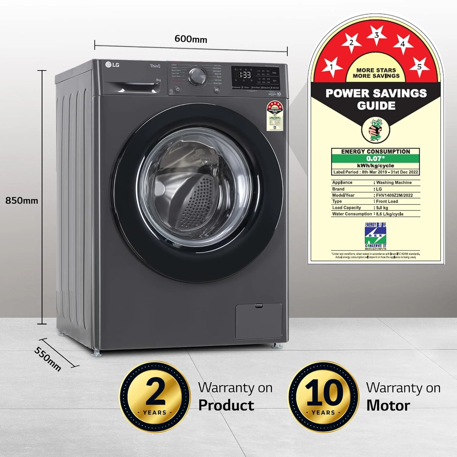LG 9 Kg 5 Star Inverter Wi-Fi Fully-Automatic Front Loading Washing Machine with Inbuilt heater (FHV1409Z2M, Middle Black, AI DD Technology &amp; Steam for Hygiene) - Image 2