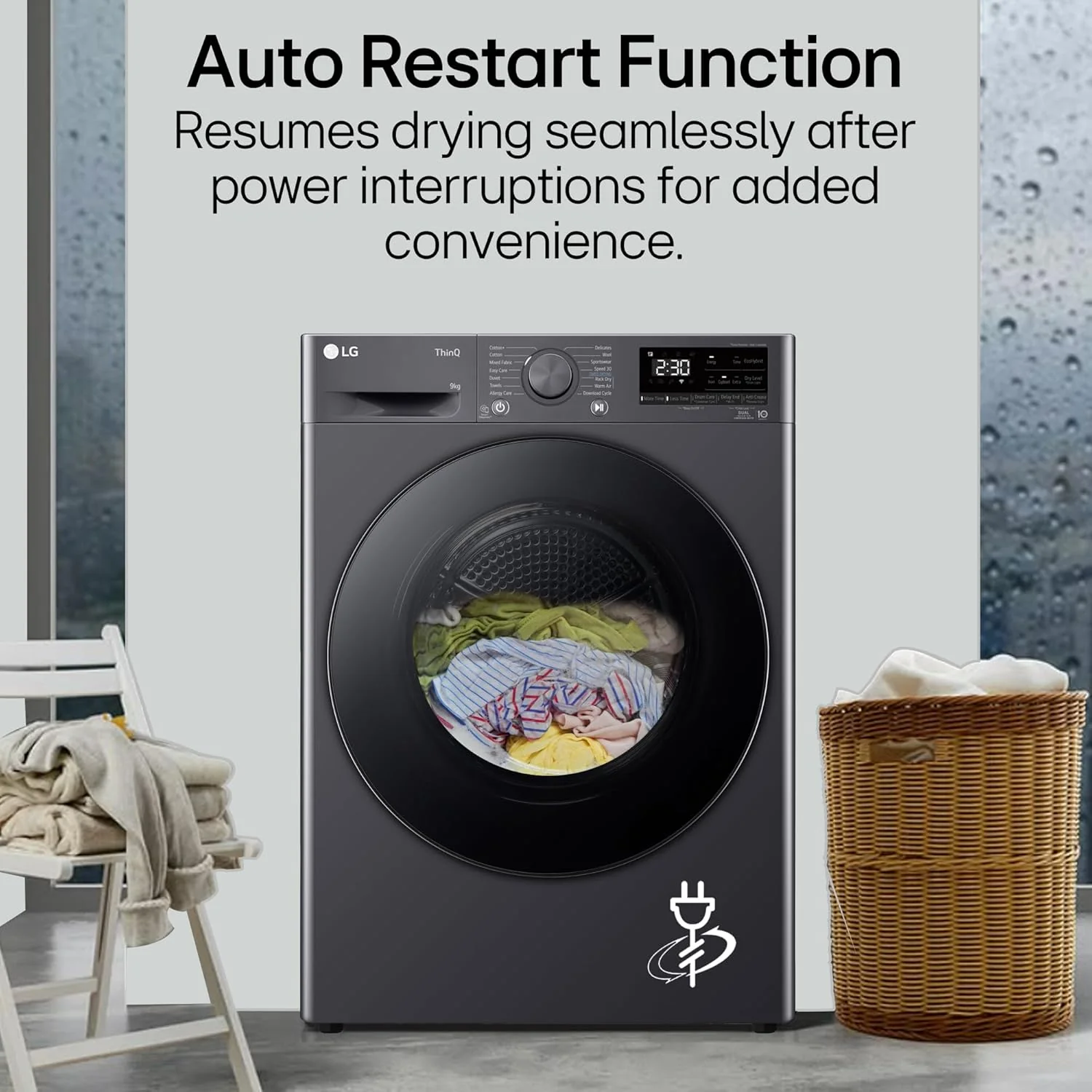 LG 9 Kg, Wi-Fi, Dual Inverter Heat Pump, Eco-Hybrid Technology Fully Automatic Front Load Dryer (DHV09SAM, Double Layer Air Filter, Allergy Care, Auto Cleaning Condenser, Middle Black) - Image 3