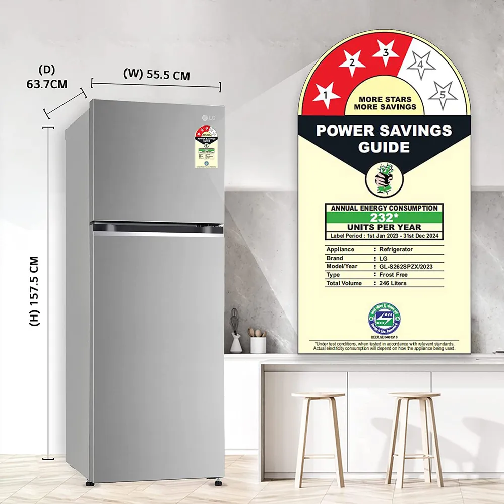 LG GL-N262SPZX 246L 3 Star Frost Free Double Door Refrigerator (Smart Inverter Compressor, Convertible Freezer, Multi Air Flow, Shiny Steel) - Image 2