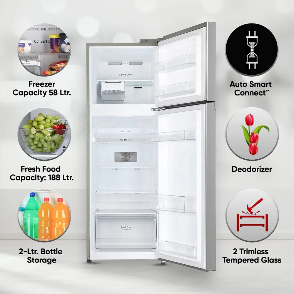 LG GL-N262SPZX 246L 3 Star Frost Free Double Door Refrigerator (Smart Inverter Compressor, Convertible Freezer, Multi Air Flow, Shiny Steel) - Image 4