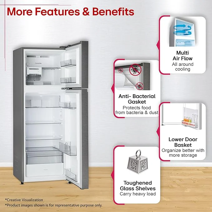 LG GLT2526XWDS 251L Double Door Convertible Refrigerator, Smart Inverter, Multi Air Flow, Dazzle Steel - Image 4