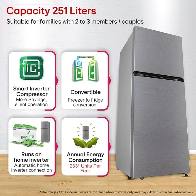 LG GLT2526XWDS 251L Double Door Convertible Refrigerator, Smart Inverter, Multi Air Flow, Dazzle Steel - Image 5