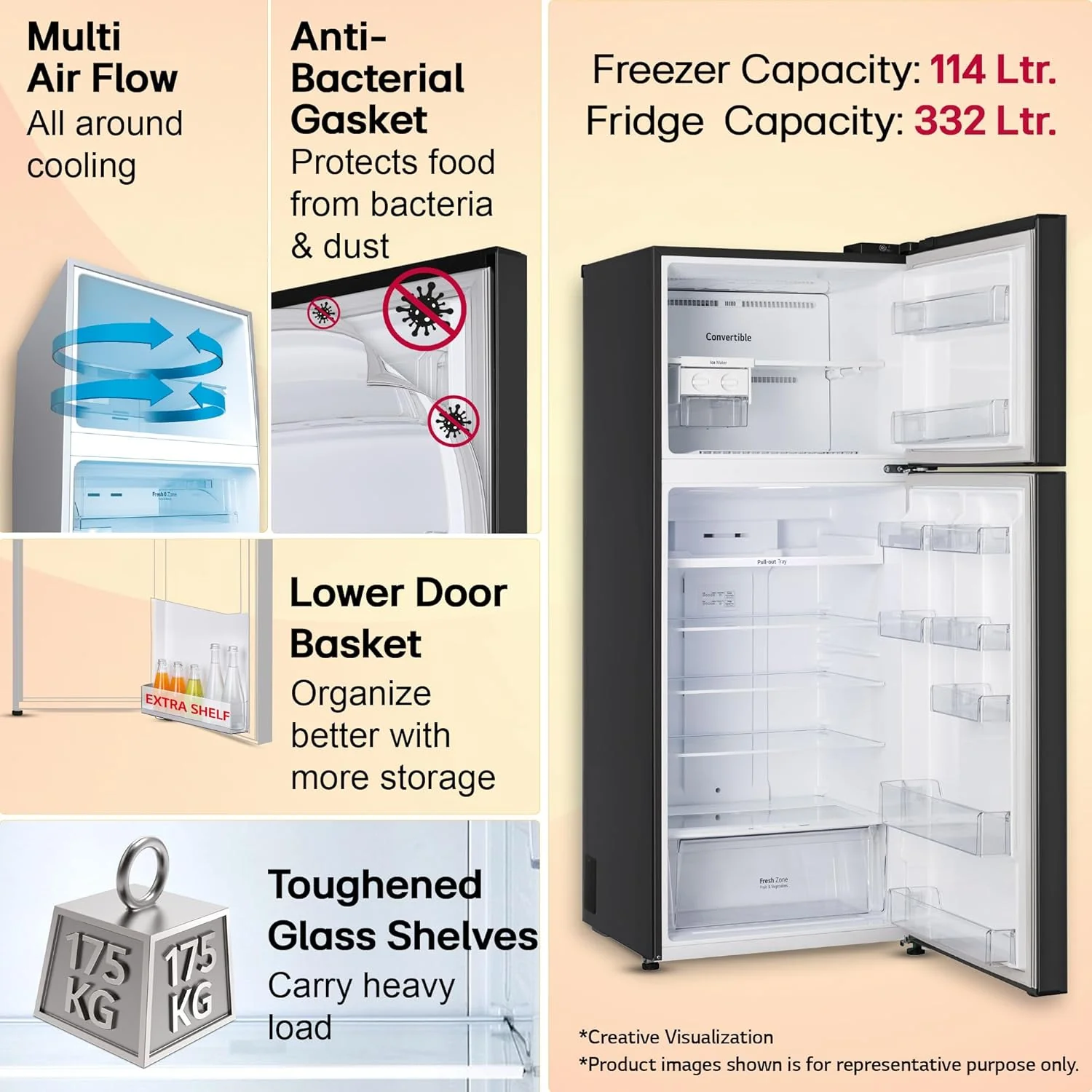 LG Smart Choice, 446 L, 1 Star, Convertible, Door Cooling+, Smart Inverter Compressor, Frost Free Double Door Refrigerator (GL-T502CESR, Ebony Sheen, Express Freeze &amp; Multi Air Flow) - Image 15