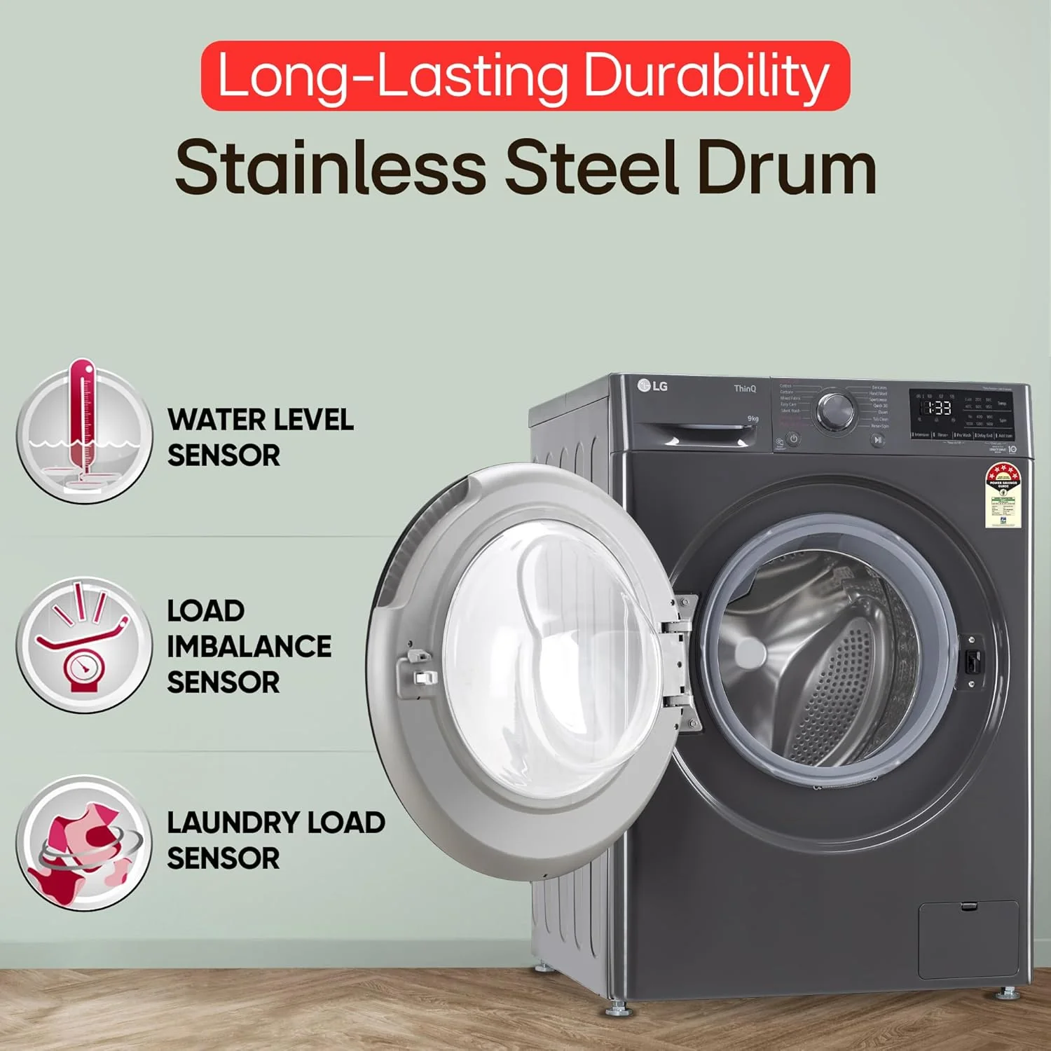 LG Smart Choice, 9 Kg, 5 Star, AI Direct Drive Technology, Steam, 6 Motion DD & Wi-Fi Fully-Automatic Front Load Washing Machine (FHP1209Z5M, Intelligent & Convenient Fabric Care, Middle Black) - Image 14