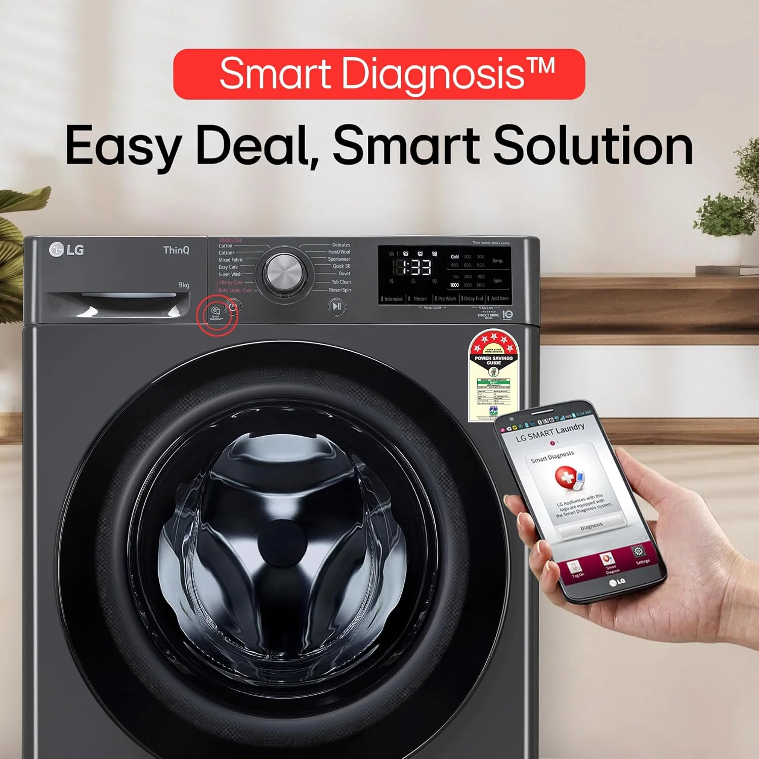 LG Smart Choice, 9 Kg, 5 Star, AI Direct Drive Technology, Steam, 6 Motion DD & Wi-Fi Fully-Automatic Front Load Washing Machine (FHP1209Z5M, Intelligent & Convenient Fabric Care, Middle Black) - Image 6