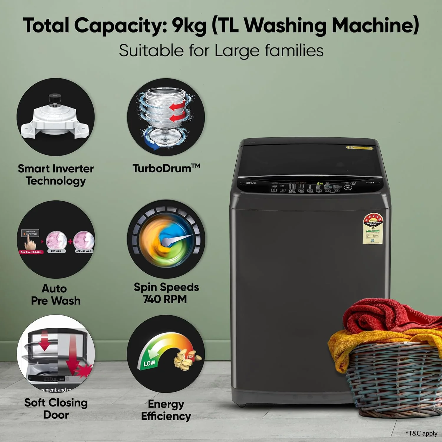 LG Smart Choice, 9 Kg, 5 Star, Smart Inverter Technology, Turbodrum, Fully Automatic Top Load Washing Machine (T90AJMB1Z, Jetspray+, Turbowash, Auto Tub Clean after every wash cycle, Middle Black) - Image 3