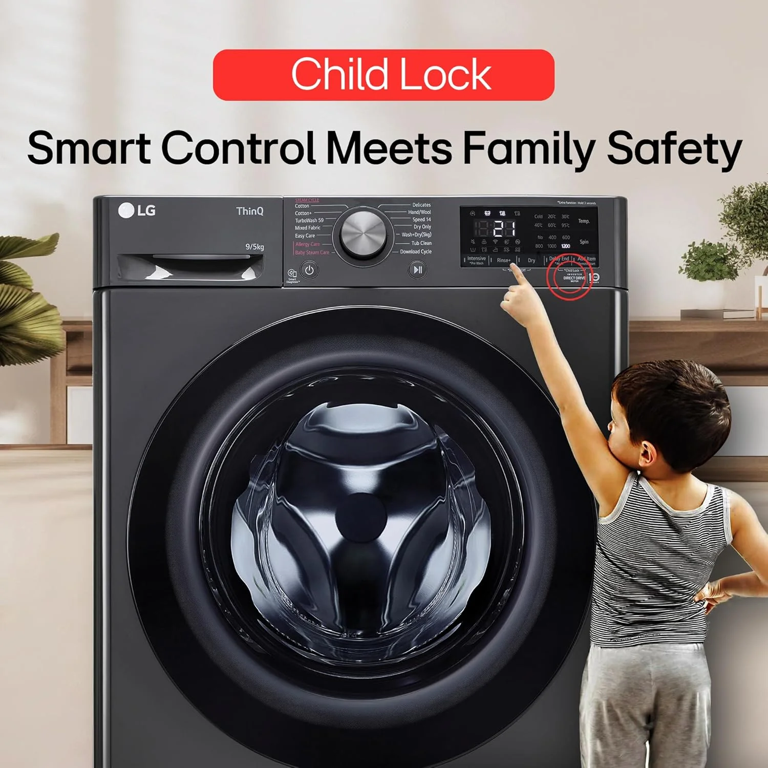 LG Smart Choice, 9 Kg (Wash) / 5 Kg (Dry), Ai Direct Drive Technology, Steam, TurboWash &amp; Wi-Fi Fully Automatic Front Load Washer Dryer (FHD0905SWM, Intelligent &amp; Convenient Fabric Care, Middle Black) - Image 2