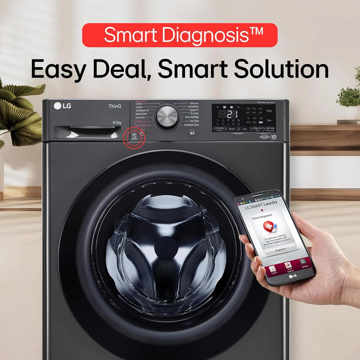 LG Smart Choice, 9 Kg (Wash) / 5 Kg (Dry), Ai Direct Drive Technology, Steam, TurboWash &amp; Wi-Fi Fully Automatic Front Load Washer Dryer (FHD0905SWM, Intelligent &amp; Convenient Fabric Care, Middle Black) - Image 3