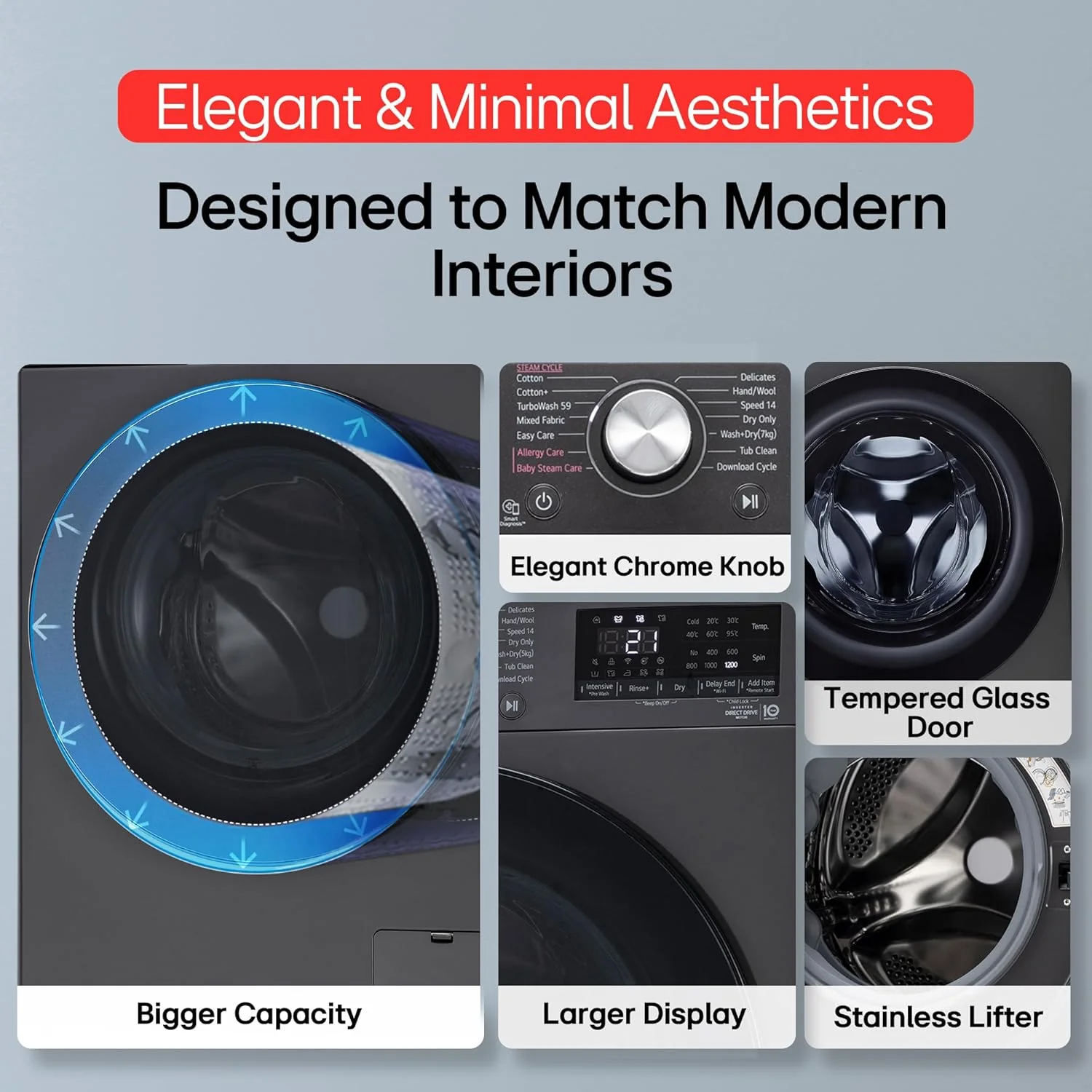 LG Smart Choice, 9 Kg (Wash) / 5 Kg (Dry), Ai Direct Drive Technology, Steam, TurboWash &amp; Wi-Fi Fully Automatic Front Load Washer Dryer (FHD0905SWM, Intelligent &amp; Convenient Fabric Care, Middle Black) - Image 5
