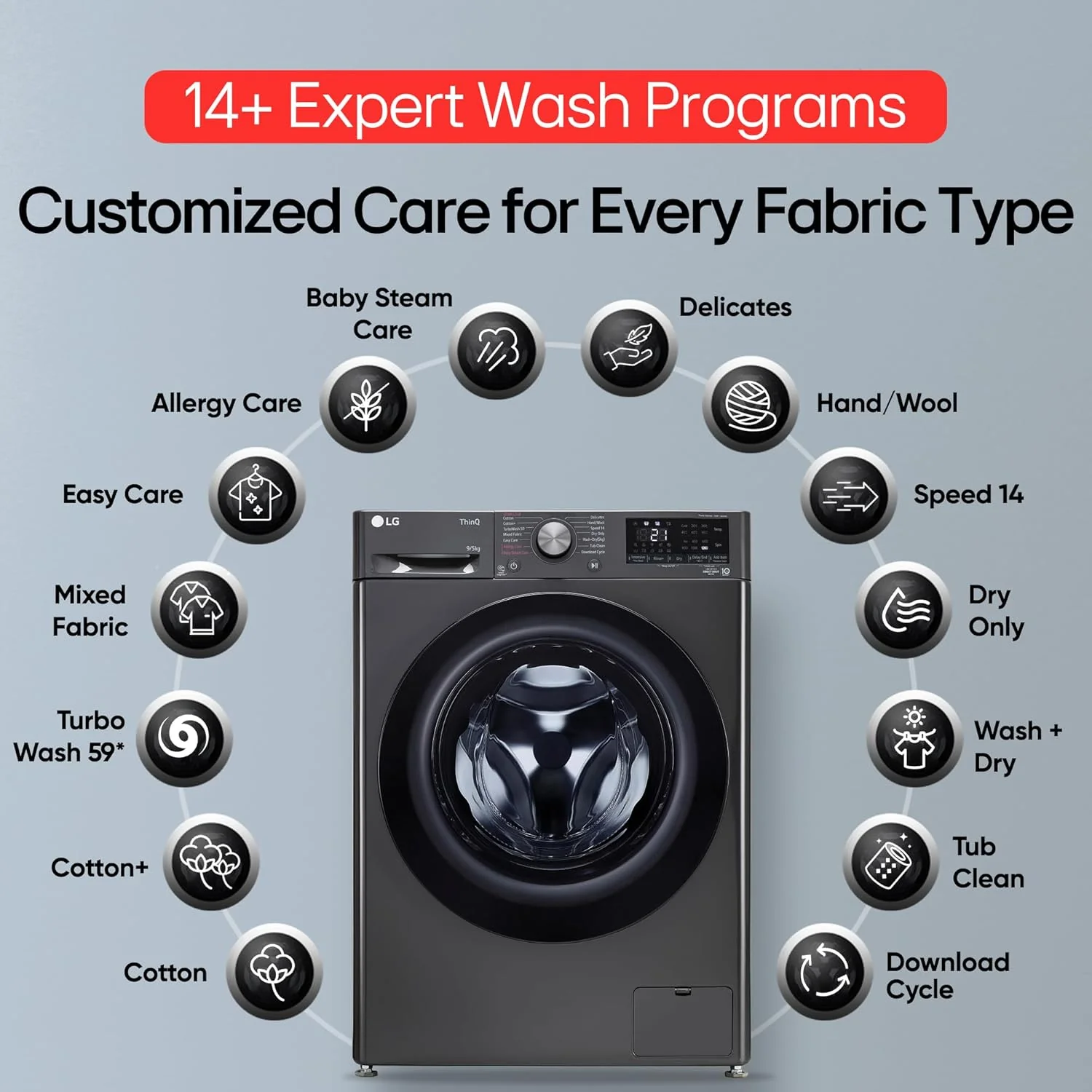 LG Smart Choice, 9 Kg (Wash) / 5 Kg (Dry), Ai Direct Drive Technology, Steam, TurboWash &amp; Wi-Fi Fully Automatic Front Load Washer Dryer (FHD0905SWM, Intelligent &amp; Convenient Fabric Care, Middle Black) - Image 6