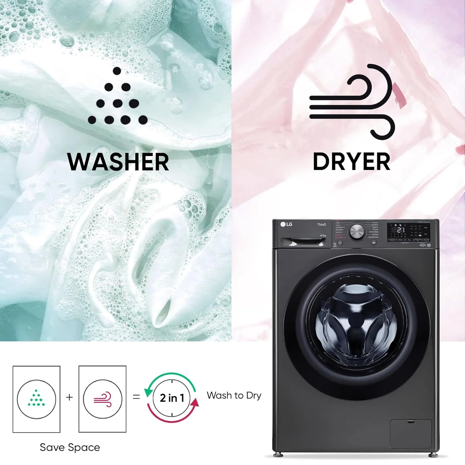 LG Smart Choice, 9 Kg (Wash) / 5 Kg (Dry), Ai Direct Drive Technology, Steam, TurboWash &amp; Wi-Fi Fully Automatic Front Load Washer Dryer (FHD0905SWM, Intelligent &amp; Convenient Fabric Care, Middle Black) - Image 9