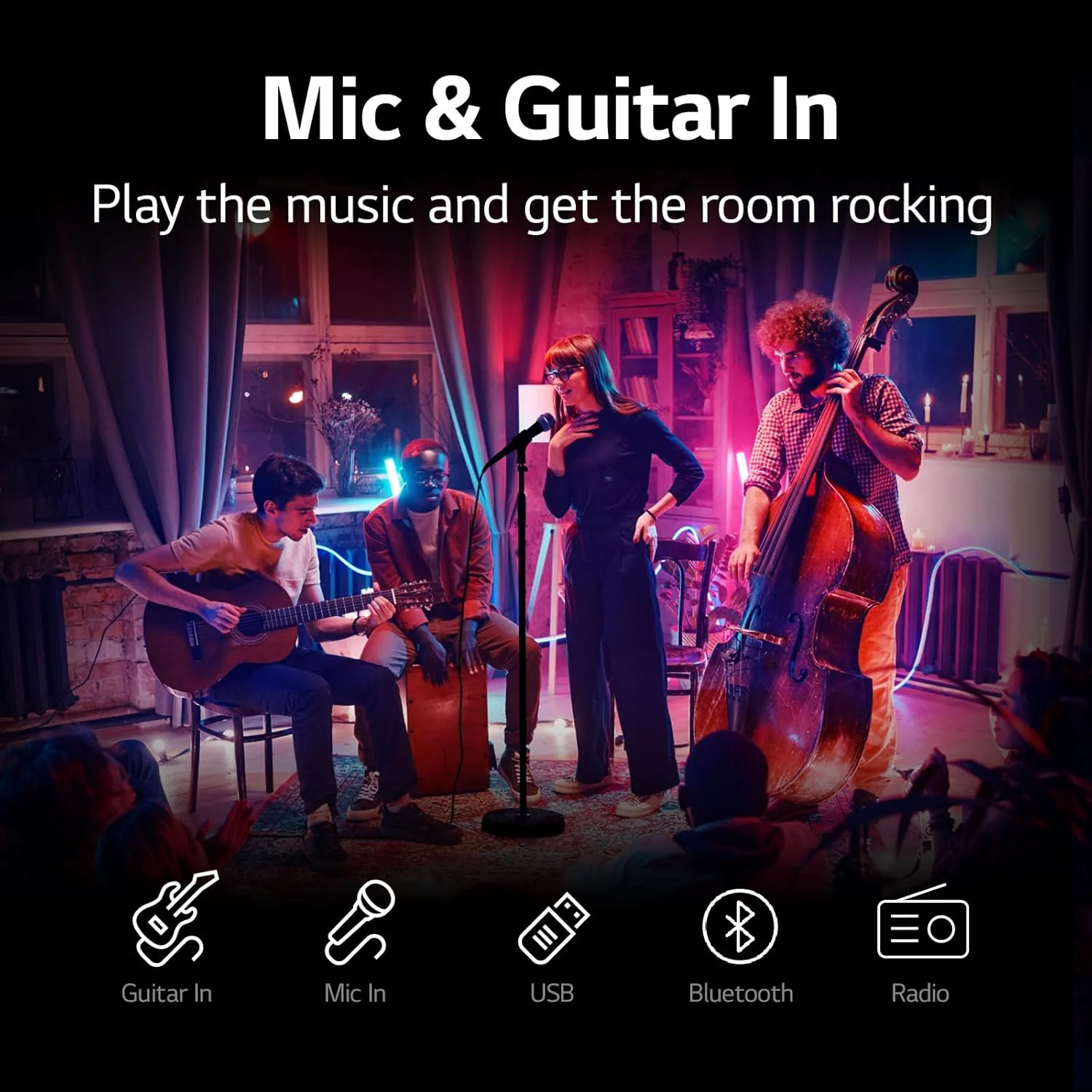 LG XBOOM RNC9 Party Speaker, Multi Color Lighting, Karaoke Feature, 1 Mic + 1 Guitar Input, Wireless Party Link, USB, Bluetooth Connection, XBOOM App - Image 7