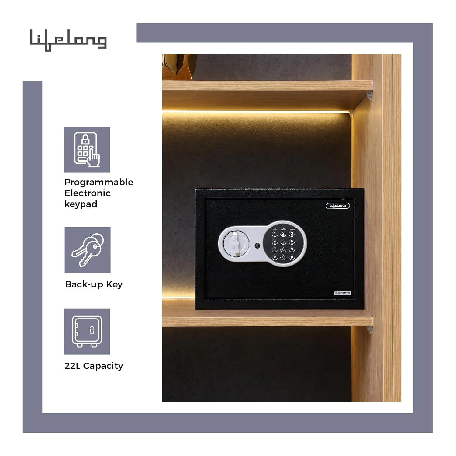 Lifelong 22 L Carbon Steel Digital Safe Locker Box For Home &amp; Office | Inbuilt LED Light | Essential Smart Home Locker for Gold, Jewellery, Cash | Tijori Box, Wardrobe Compatible, 1 Yr Warranty, Black - Image 4