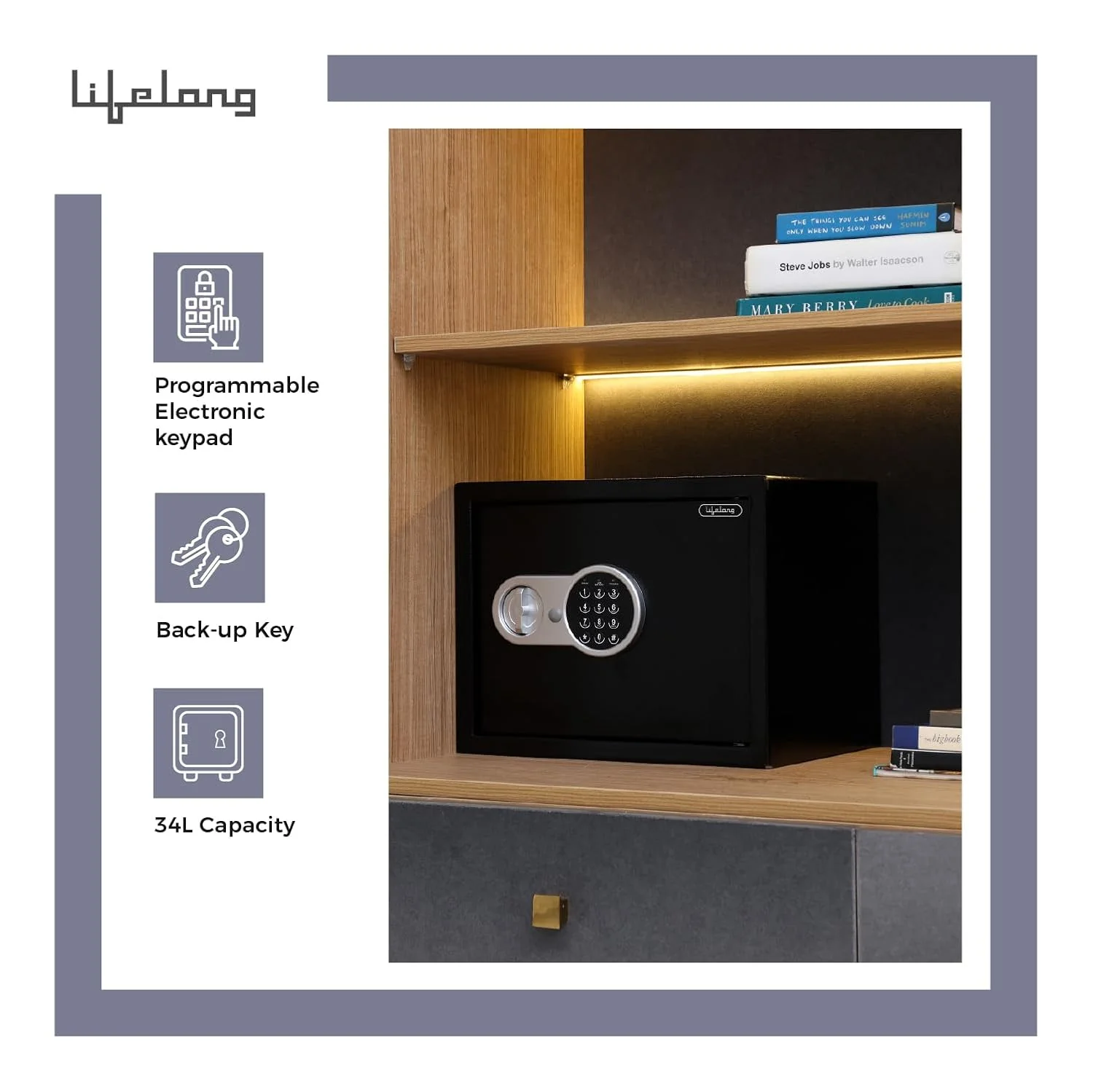 Lifelong 34 L Carbon Steel Digital Safe Locker Box For Home &amp; Office | Inbuilt LED Light | Essential Smart Home Locker for Gold, Jewellery, Cash | Tijori Box, Wardrobe Compatible, 1 Yr Warranty, Black - Image 4