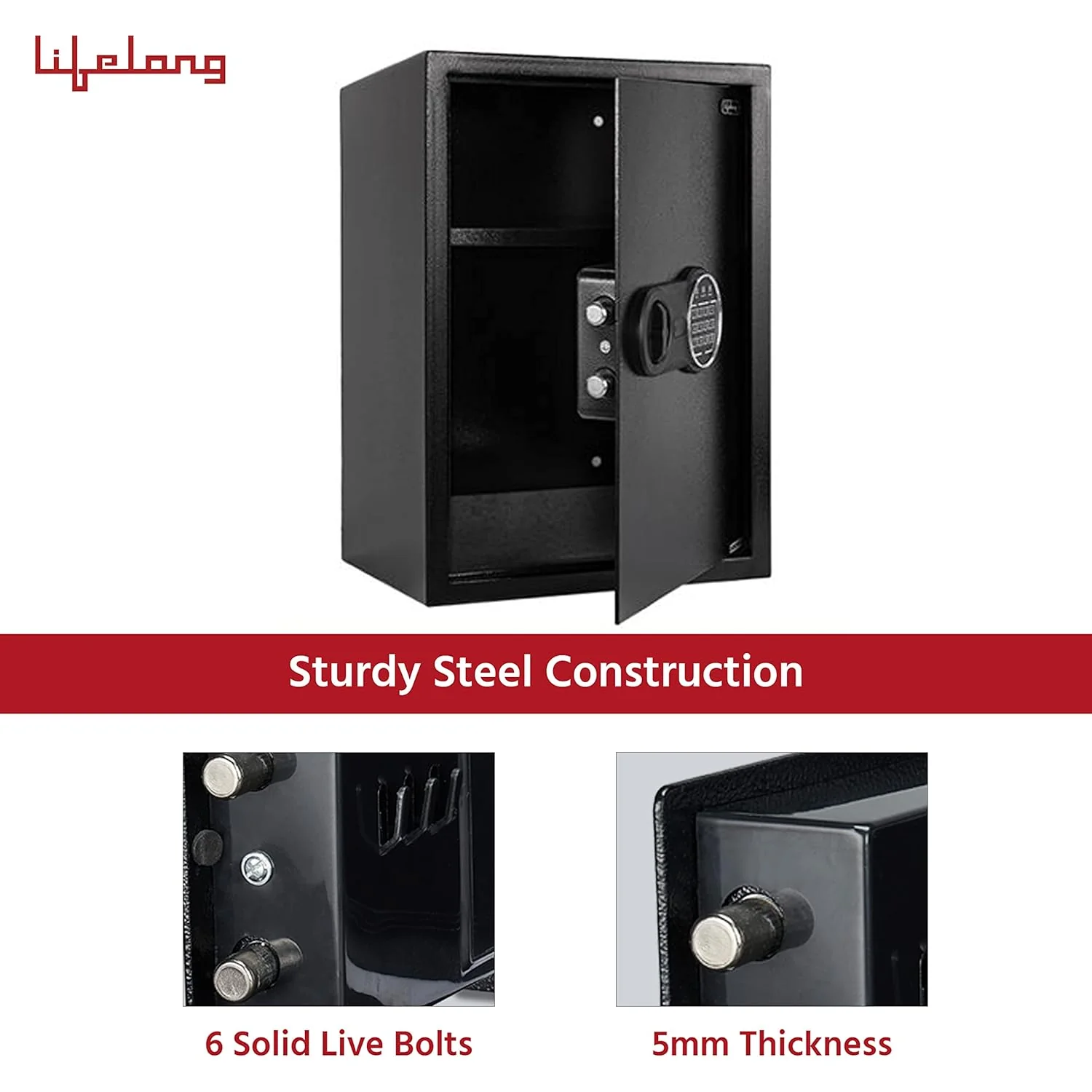 Lifelong 56 L Digital Safe Locker Box For Home & Office | Essential Smart Home Locker For Gold, Jewellery, Cash | Tijori Box | Electoric Keypad & Keys | Wardrobe Compatible, 1 Yr Warranty, Black - Image 7