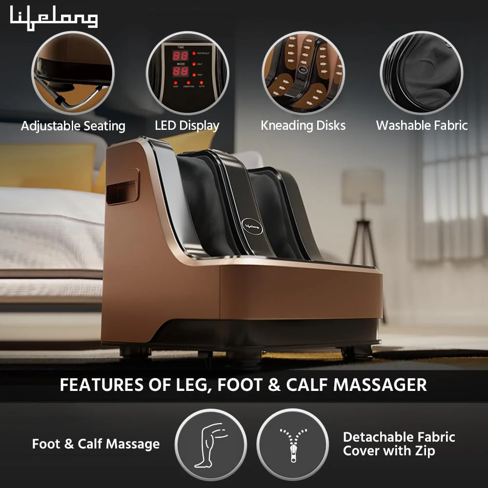 Lifelong Calf, Foot and Leg Massager Machine for Home - Pain Relief Massage for Legs - Heat + 4 Vibration Motors - Rolling, Kneading, and Shiatsu - Improve Blood Circulation, Dark Brown, 80W (LLM99) - Image 3