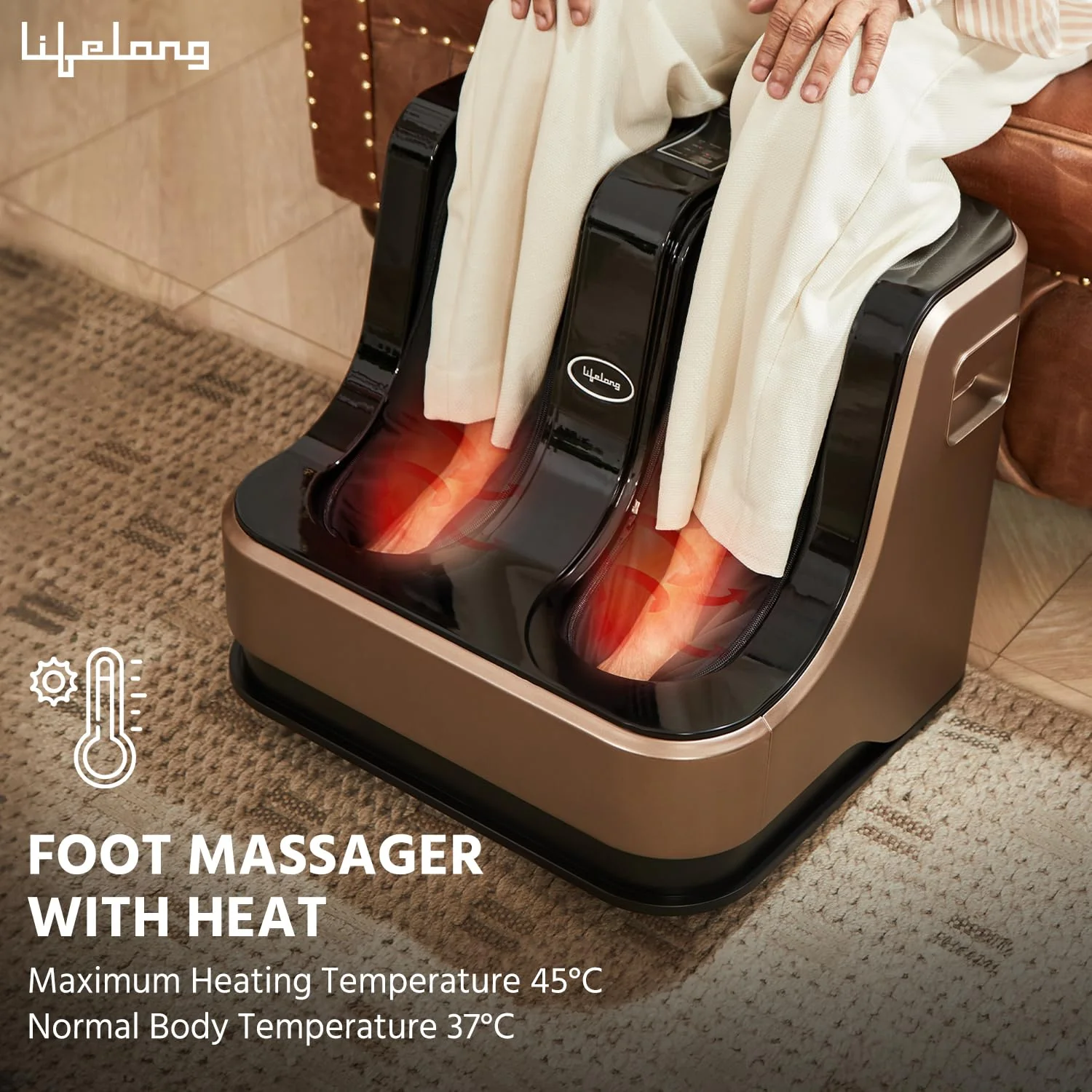 Lifelong Calf, Foot and Leg Massager Machine for Home - Pain Relief Massage for Legs - Heat + 4 Vibration Motors - Rolling, Kneading, and Shiatsu - Improve Blood Circulation, Dark Brown, 80W (LLM99) - Image 5
