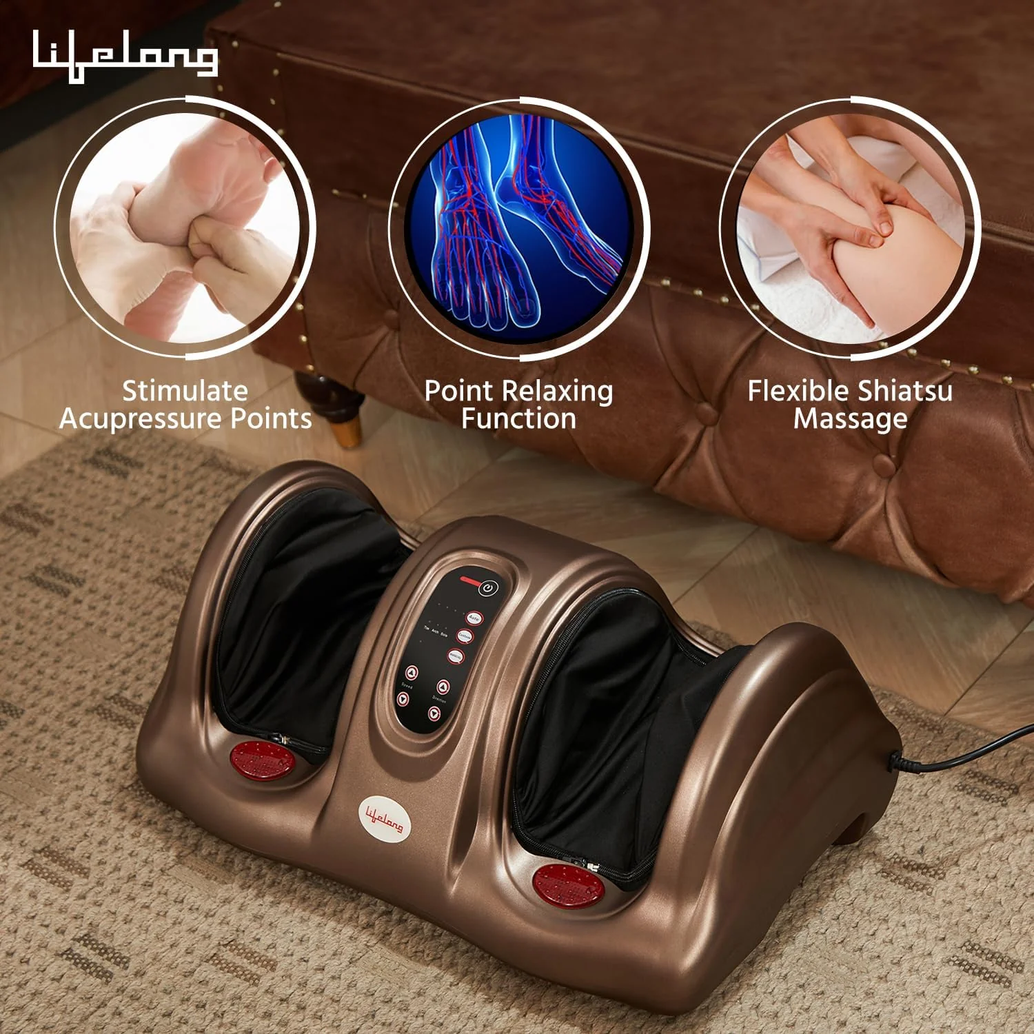 Lifelong Foot Massager Machine For Pain Relief With Heat & Kneading Function - Also Used As Leg Calf Massager - Corded Electric Foot Massage Machine For Home With Customizable Settings (LLM81), Brown - Image 3