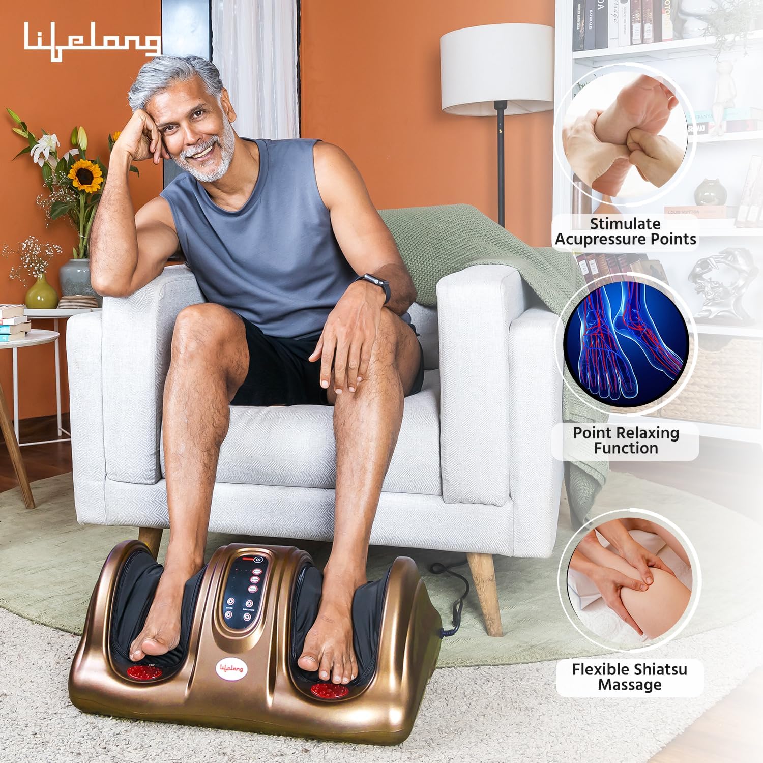 Lifelong Foot Massager Machine For Pain Relief With Heat & Kneading Function - Also Used As Leg Calf Massager - Corded Electric Foot Massage Machine For Home With Customizable Settings (LLM81), Brown - Image 4