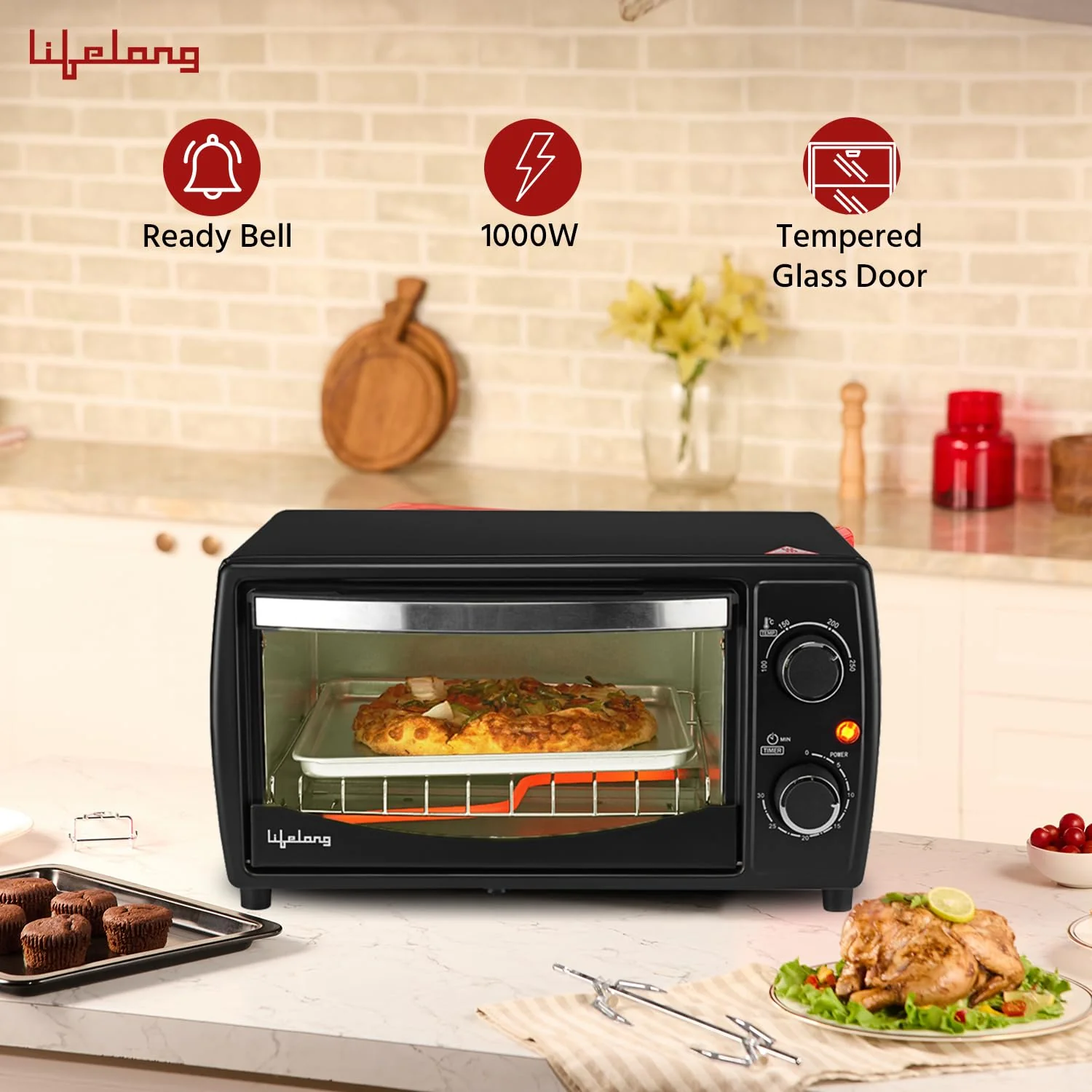Lifelong OTG 10 Litre - Electric Oven Toaster Griller for Kitchen- 1000 W Auto Shut Off & 30 Minute Timer Control - Machine for Baking Pizza, Cake, Grilling Chicken & Toasting Bread at Home (LLOT10) - Image 2