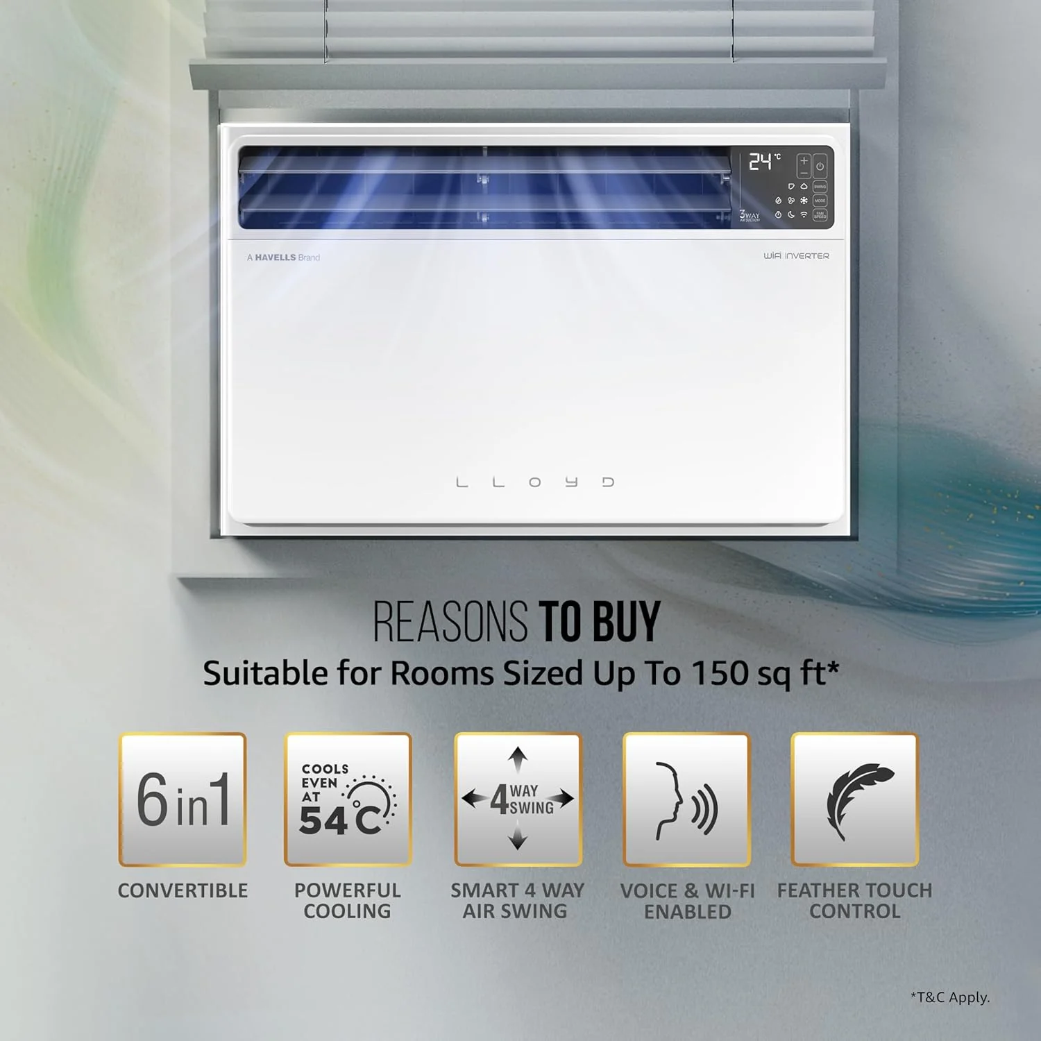 Lloyd 1.5 Ton 5 Star Top Throw Inverter Window AC, 2026 New Star Rated (6 in 1 Convertible, Cools Up To 54°C, Voice & WiFi Enabled, Opti Breeze, Super Silent, 4 Way Air Swing, White, GLW18V5AGTPR) - Image 5