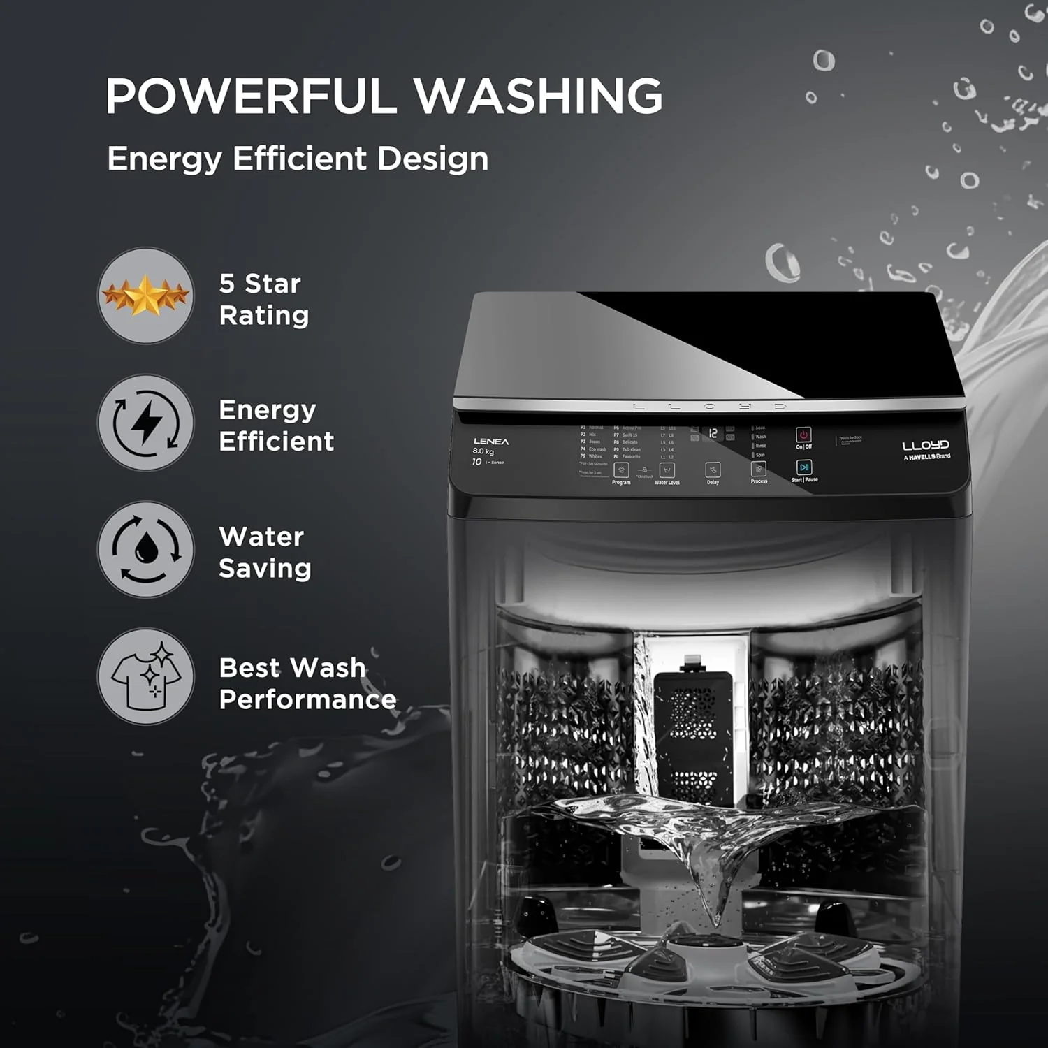 Lloyd 8 kg 5 Star Fully Automatic Top Load Washing Machine I 5D Ultra Wash with Dual Detergent Case (GLWT805L50EB, Ebony Black) - Image 8