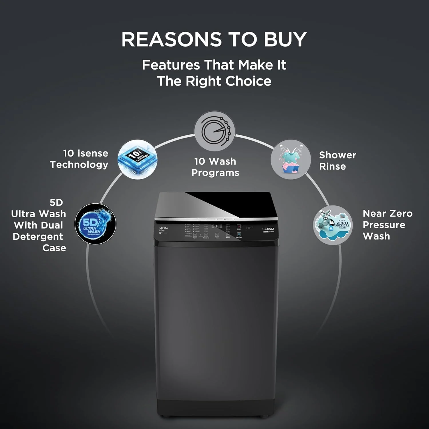 Lloyd 8 kg 5 Star Fully Automatic Top Load Washing Machine I 5D Ultra Wash with Dual Detergent Case (GLWT805L50EB, Ebony Black) - Image 9