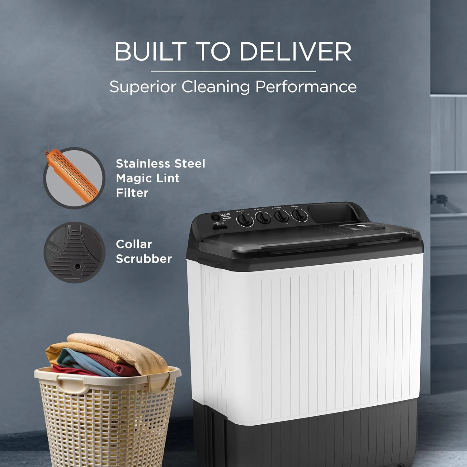 Lloyd 9 kg 5 Star Semi Automatic Top Load Washing Machine |1300 RPM | Detergent Storage Zone | 3 Wash Programs | Swift Dry | Magic Filter, (GLWS905AONDG, Dark Grey and White) - Image 13