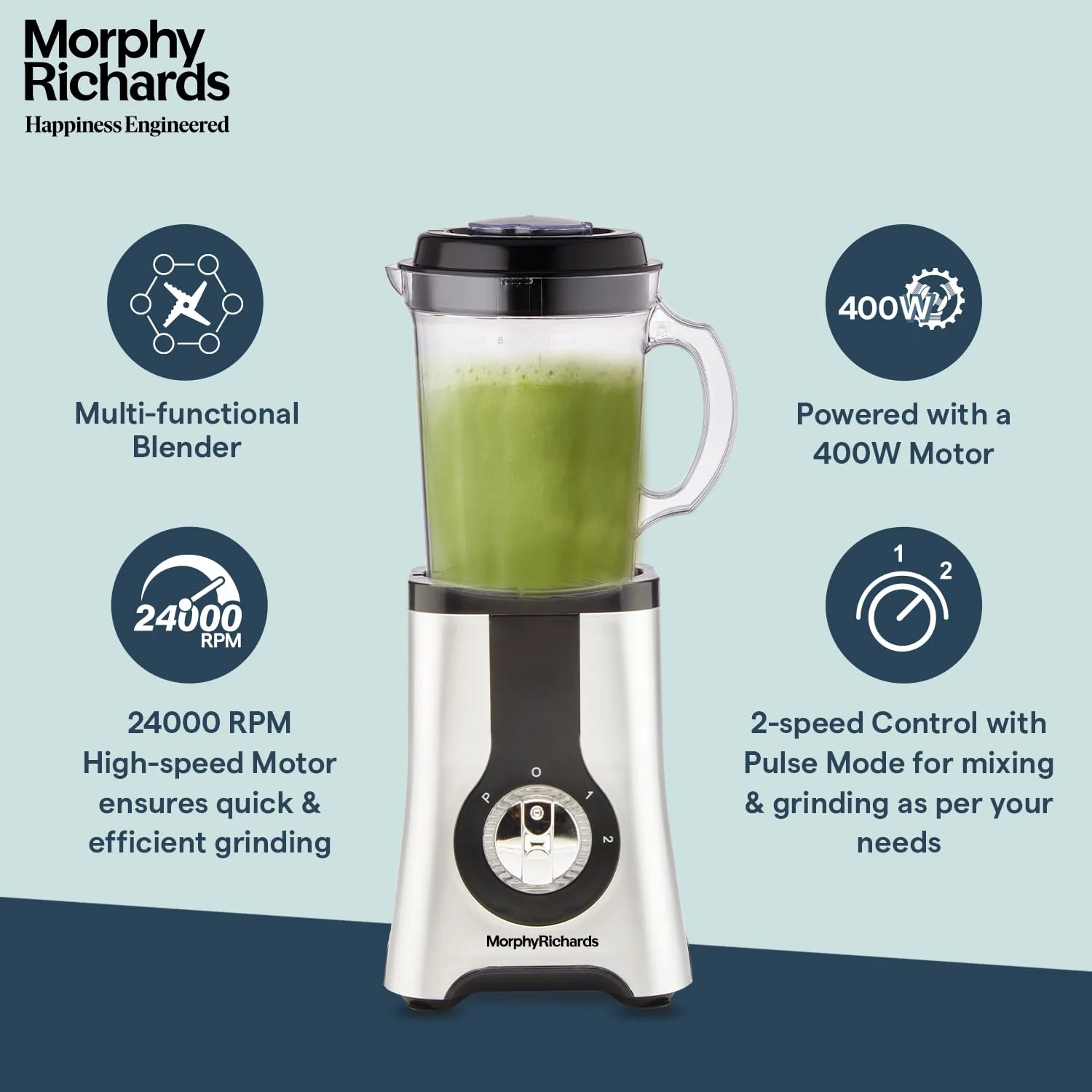 Morphy Richards 4-in-1 BlendMaster Table Blender 400W | Multifunctional: Grind, Crush, Chop &amp; Extract |SS Blades | 4 Jars | 24,000 RPM High-Speed | 2-Speed + Pulse Mode | 2-Yr Warranty【Silver &amp; Black】 - Image 5