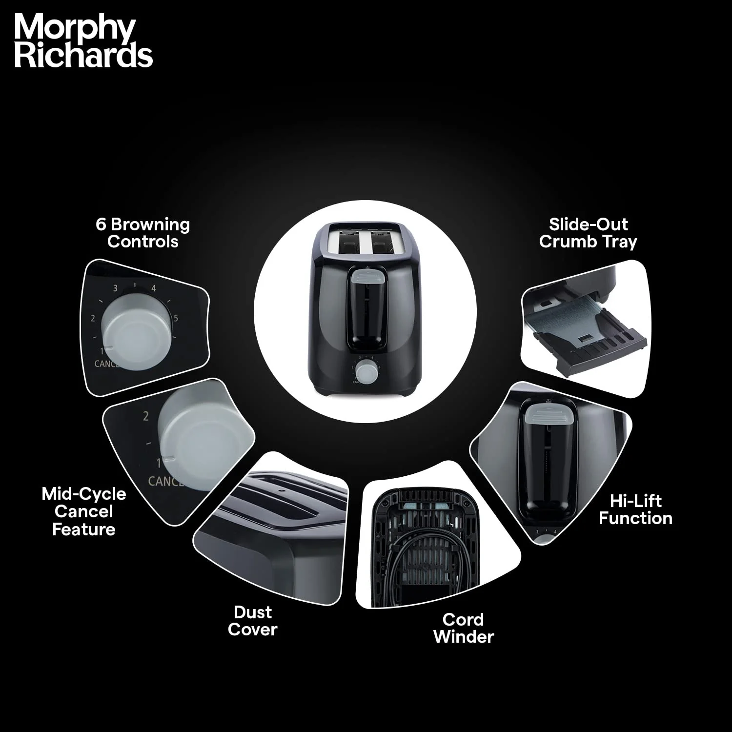 Morphy Richards AT 200 Bread Toaster|700W Toaster 2 slices|6 Different Browning Controls|Removable Crumb Tray|Cool Touch Body With Anti-Skid Feet|Wider Slots &amp; Hi-Lift Feature|Black - Image 2