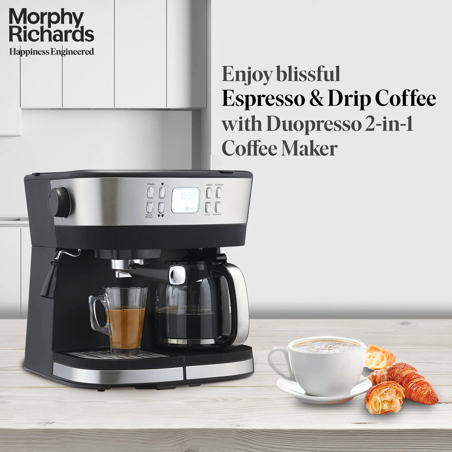 Morphy Richards DuoPresso 2-in-1 Coffee Maker|Drip &amp; Espresso| 15 bar Pressure| Digital Display|Removable Drip Tray| Upto 10 cups* of Coffee| Keep Warm Tray| 2-Yr Warranty by Brand|Black - Image 2