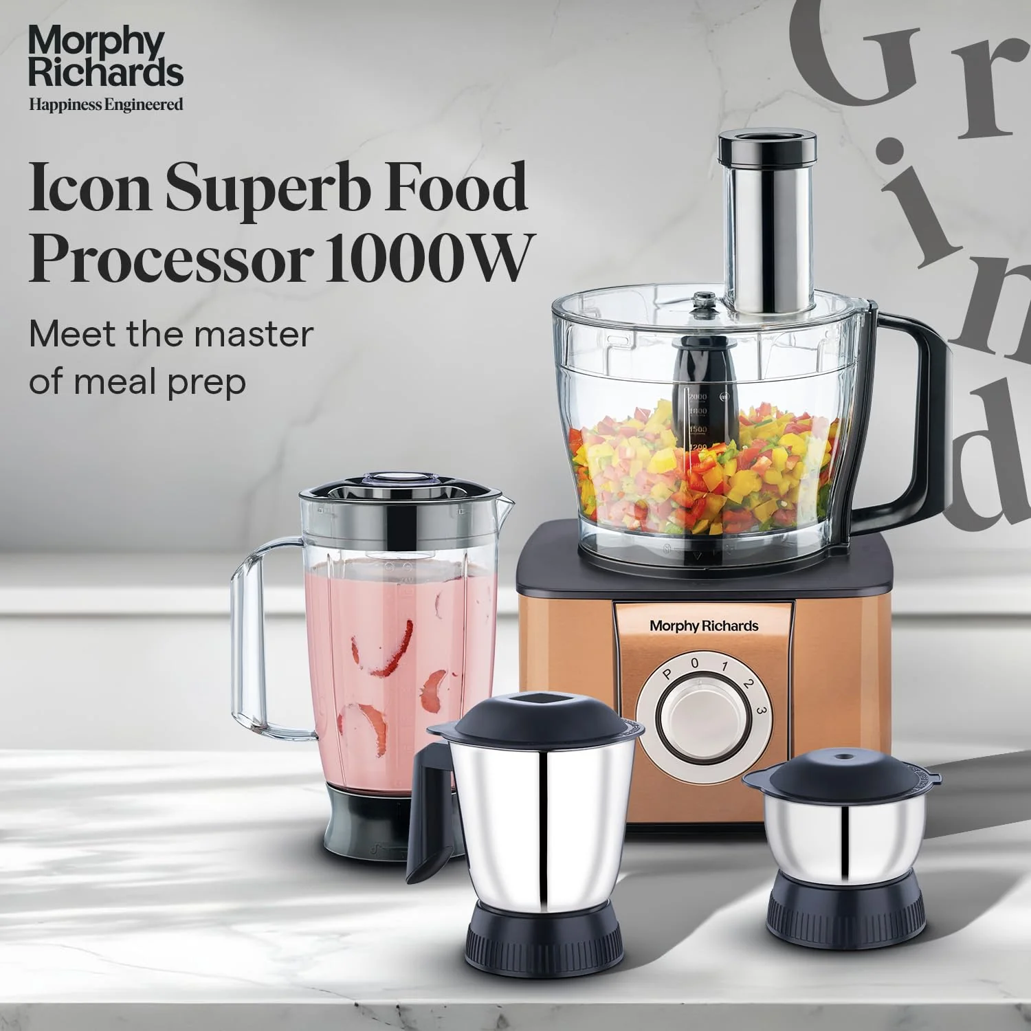 Morphy Richards Icon Superb Food Processor 1000W | 3.2L Bowl | 2 SS Jars + 1 Juicer | 11 Attachments: Kneader, Chopper, Slicer, Shredder, Fry Cutter | Quadra Flow | 2 Year Warranty | 【Glazing Copper】 - Image 2