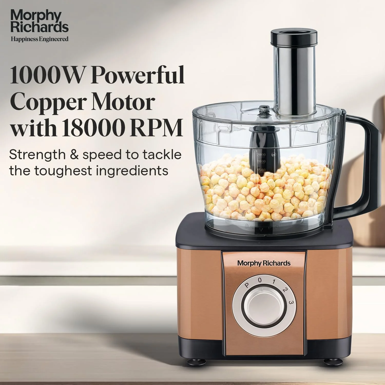 Morphy Richards Icon Superb Food Processor 1000W | 3.2L Bowl | 2 SS Jars + 1 Juicer | 11 Attachments: Kneader, Chopper, Slicer, Shredder, Fry Cutter | Quadra Flow | 2 Year Warranty | 【Glazing Copper】 - Image 3