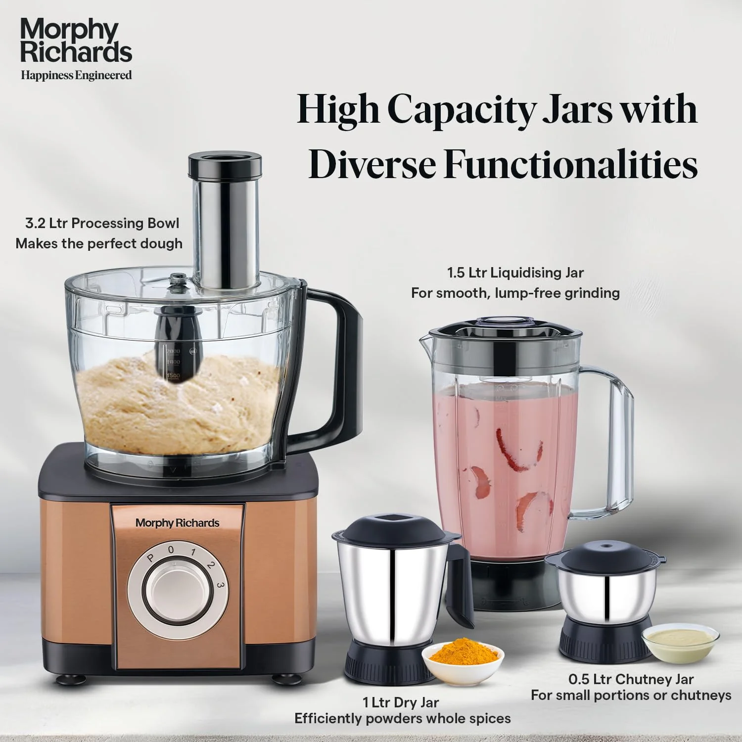 Morphy Richards Icon Superb Food Processor 1000W | 3.2L Bowl | 2 SS Jars + 1 Juicer | 11 Attachments: Kneader, Chopper, Slicer, Shredder, Fry Cutter | Quadra Flow | 2 Year Warranty | 【Glazing Copper】 - Image 4