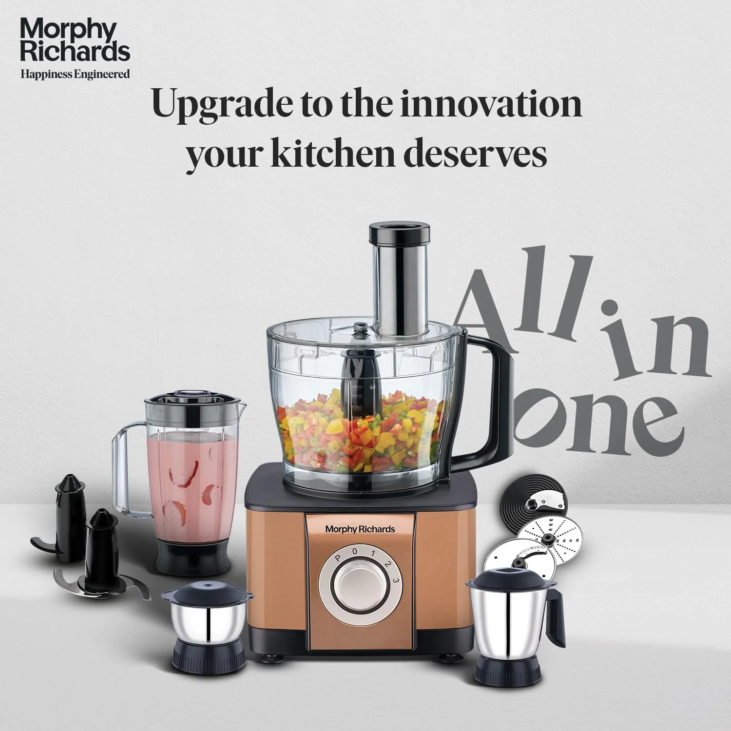 Morphy Richards Icon Superb Food Processor 1000W | 3.2L Bowl | 2 SS Jars + 1 Juicer | 11 Attachments: Kneader, Chopper, Slicer, Shredder, Fry Cutter | Quadra Flow | 2 Year Warranty | 【Glazing Copper】 - Image 6
