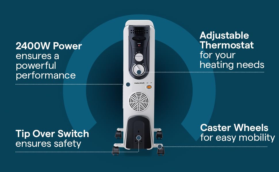 Morphy Richards OFR 09F 2400W Oil Filled Radiator Room Heater | 9 Fin | PTC Fan Heater | Adjustable Thermostat | Overheat Protection | Castor Wheels | Silent Operation | 2 Year Warranty | Grey - Image 6